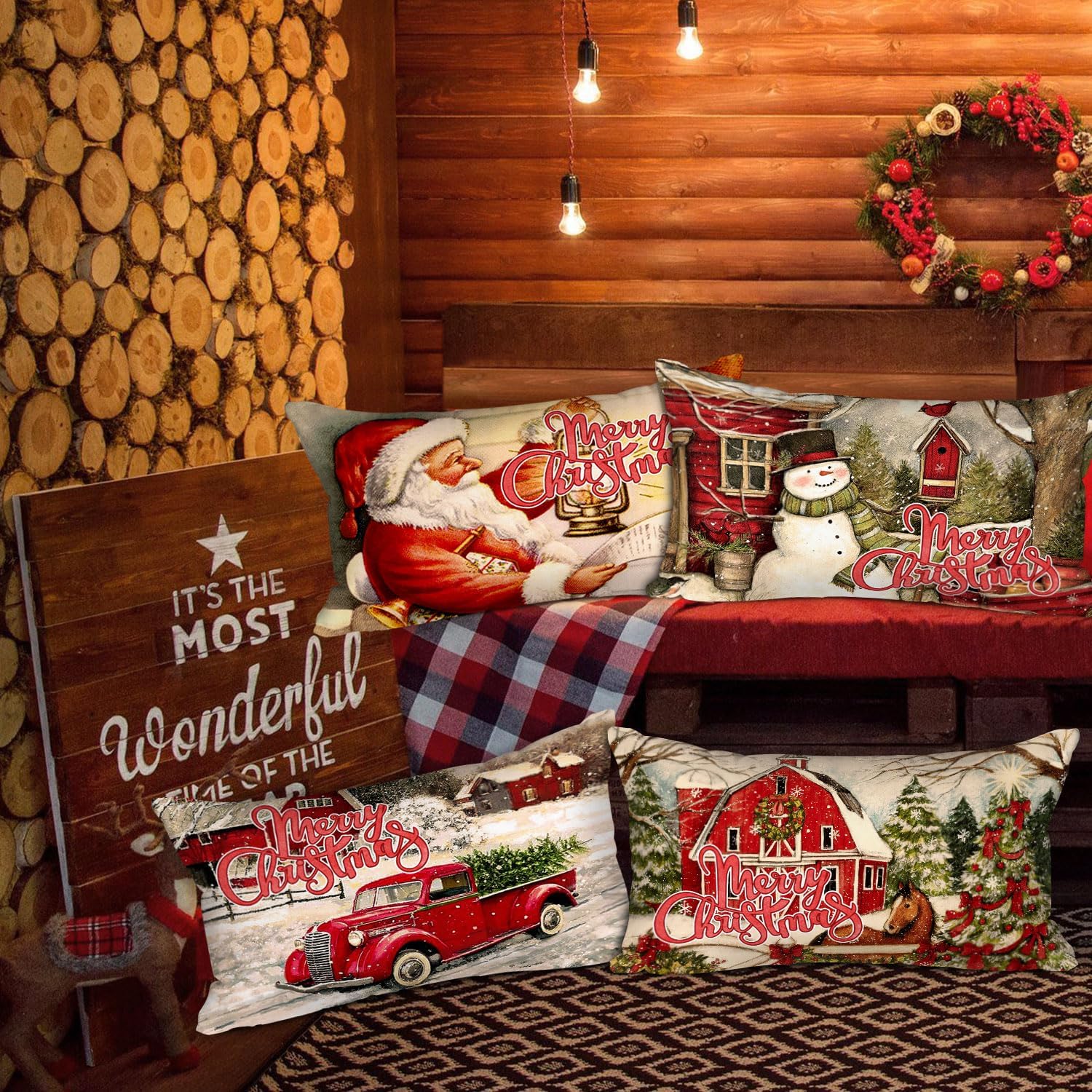 Lanpn Juego de 4 fundas de almohada lumbar vintage de 14 x 24 pulgadas, fundas de almohada decorativas largas retro de Papá Noel de 14 x 24 pulgadas