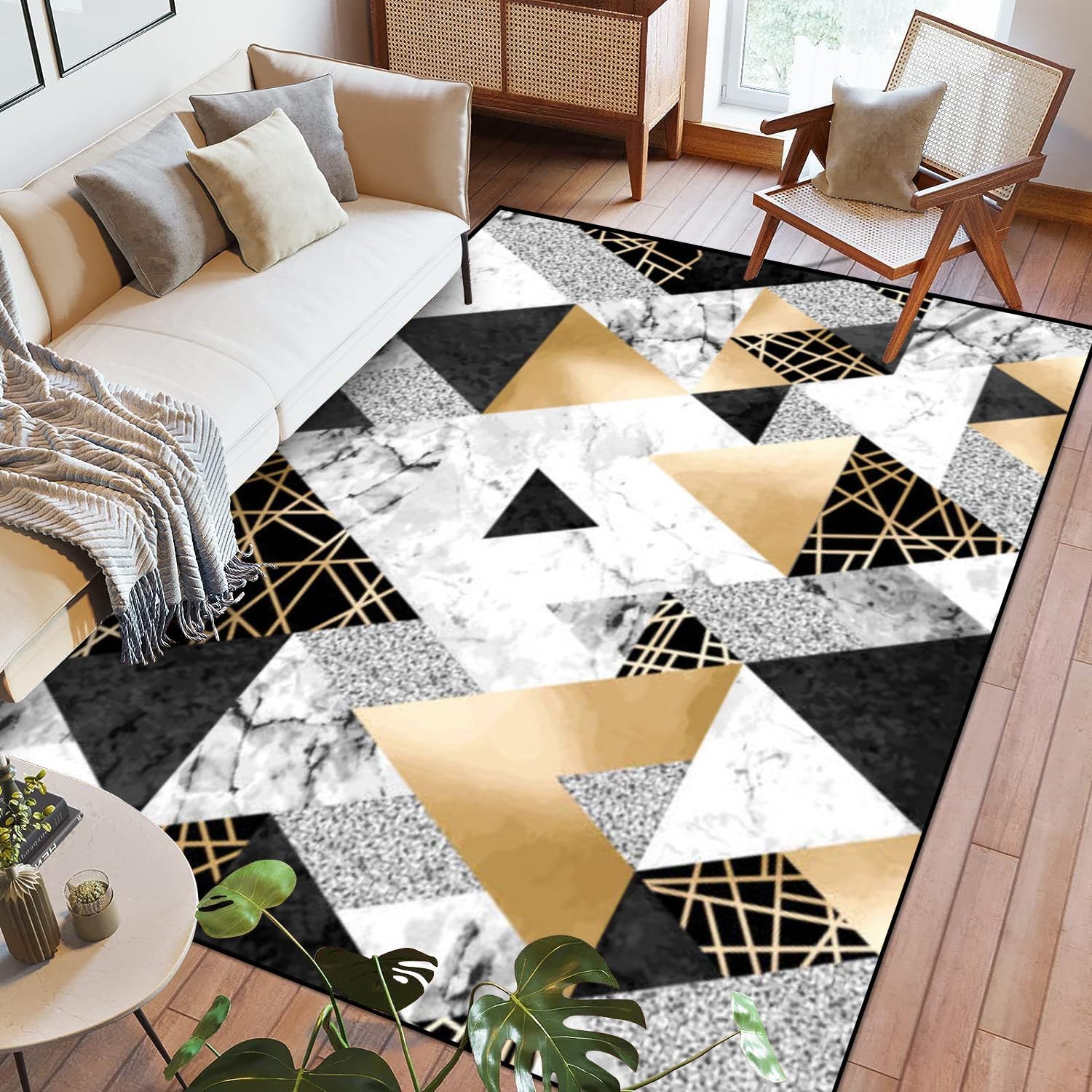 Alfombra de área sin costuras, patrón geométrico, líneas doradas, purpurina, negro, acuarela, gris, lavable, de 6 x 9 pies, alfombras grandes para