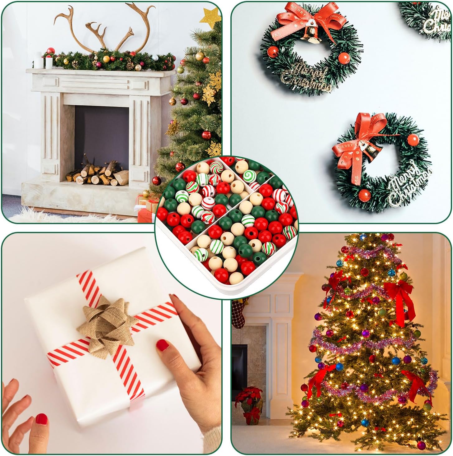 240 cuentas de madera de Navidad para manualidades, cuentas de madera coloridas de 0.63 pulgadas con cuerda de cáñamo de 65.6 ft, redonda de madera