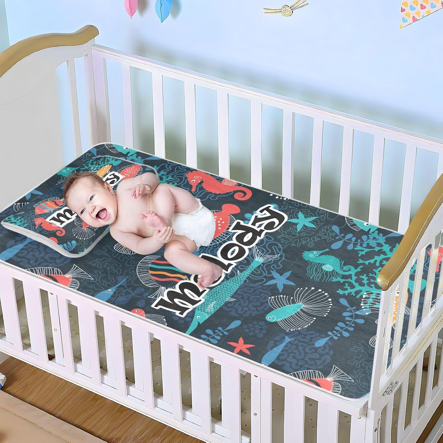 Custom Sea Animals Crib Mattress Protector Pad for Boys Girls Baby Ice Silk Mat Bed Toddler Mattress Pads Bed Wetting Pads Mat Set for Girls Boys,