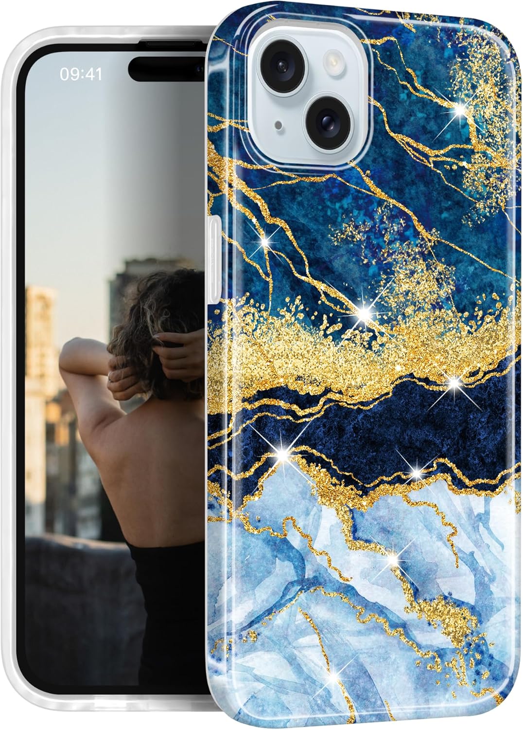 JIAXIUFEN Funda compatible con iPhone 15 Plus, diseño de mármol con purpurina dorada, a prueba de golpes, delgada, suave, funda de silicona TPU de
