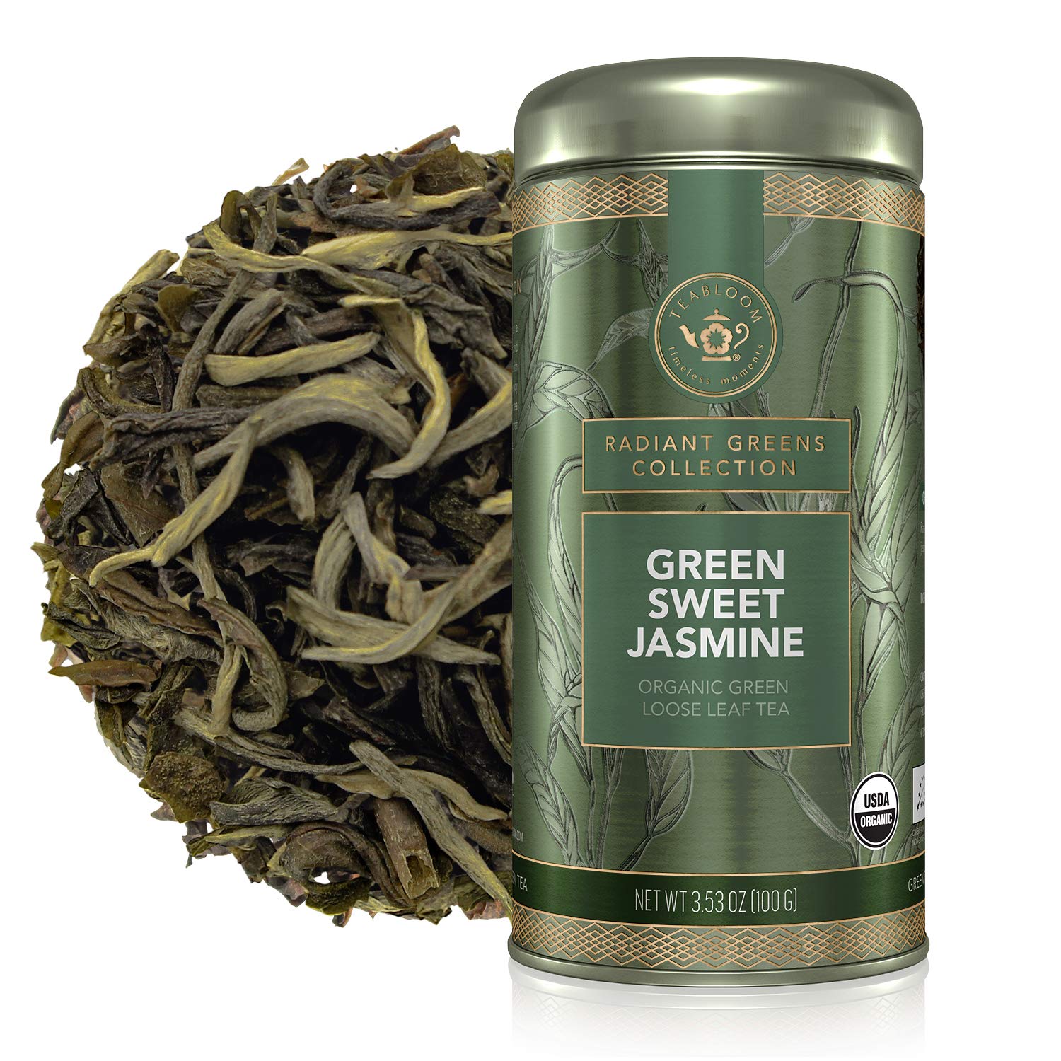 Teabloom Té verde orgánico, té de hojas sueltas de jazmín dulce verde, té de jazmín clásico cautivador y aromático, certificado orgánico por USDA,