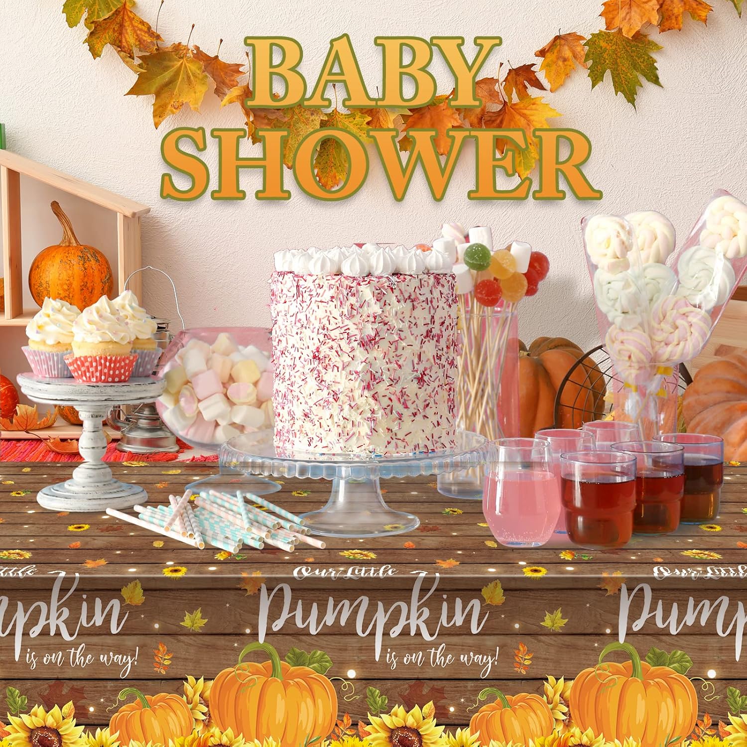 3 manteles de madera rústica de calabaza para baby shower, plástico con texto en inglés Our Little Pumpkin Boy Girl is on the Way Baby is Brewing