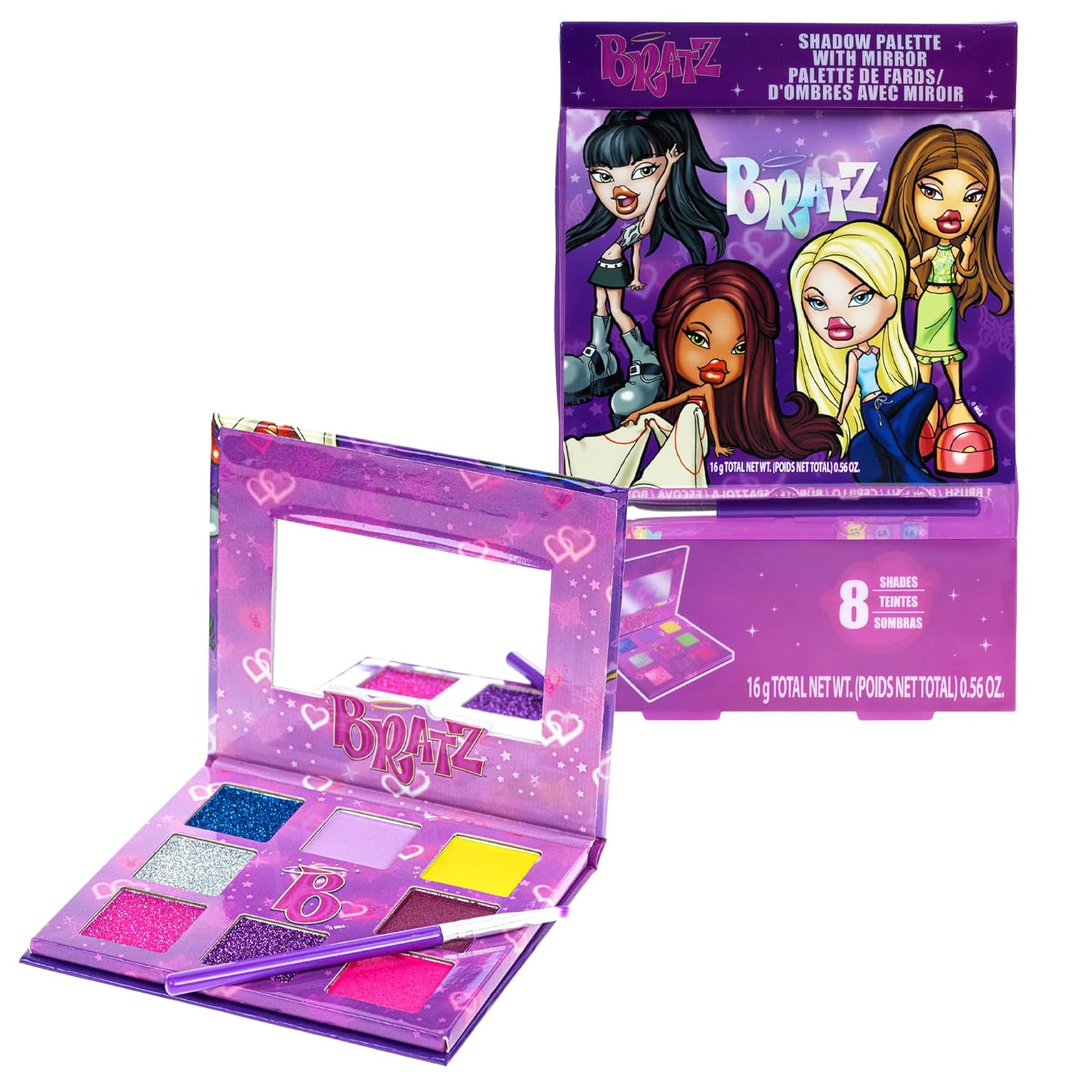 Townley Girl Bratz Paleta de sombra de ojos de 8 pozos, colores brillantes, pigmentada mezclable, 1 cepillo de aplicación, no tóxico, perfecto para