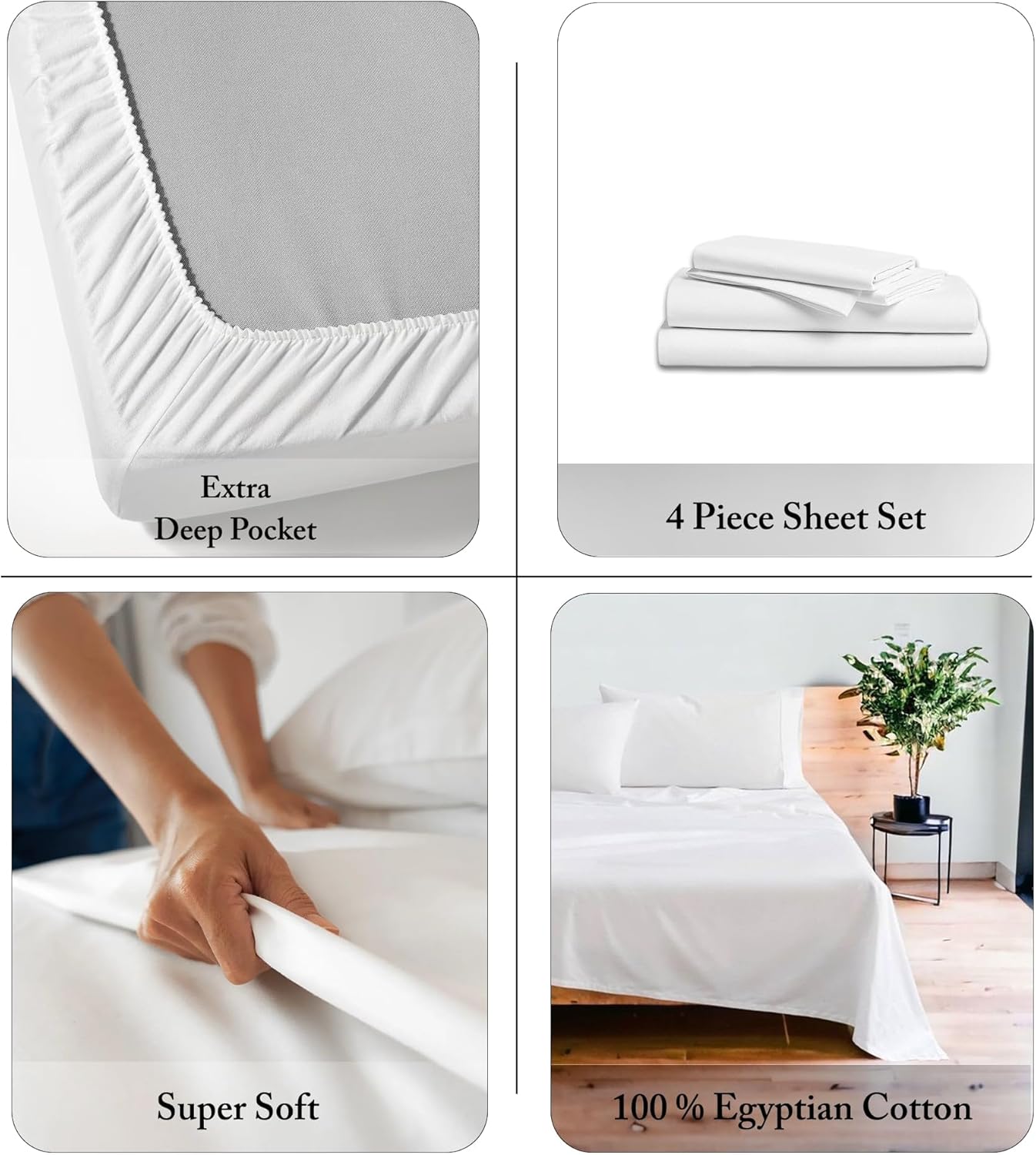 Juego de sábanas tamaño California King de algodón egipcio de 1000 hilos, ropa de cama de 4 piezas de tejido de satén de 18 pulgadas, bolsillo extra