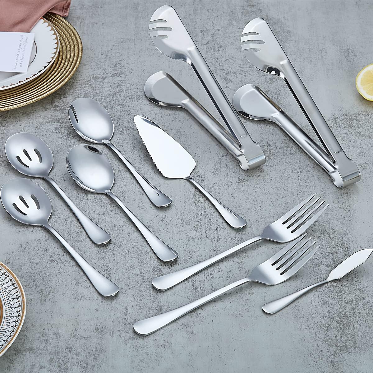 Cucharas para servir, los utensilios de acero inoxidable Kyraton incluyen 2 cucharas de servir, 2 cucharas de servir ranuradas, 2 tenedores para