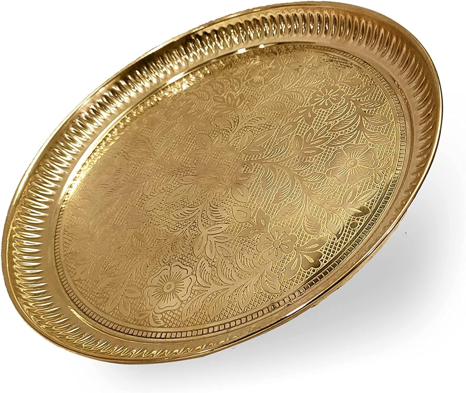 CRAFTSMAN 10 pulgadas de latón puro Nakshi diseño de flor en relieve Aarti Puja Nakashi Thali Plato Prasad Chandan Karwachauth Diwali Festival indio