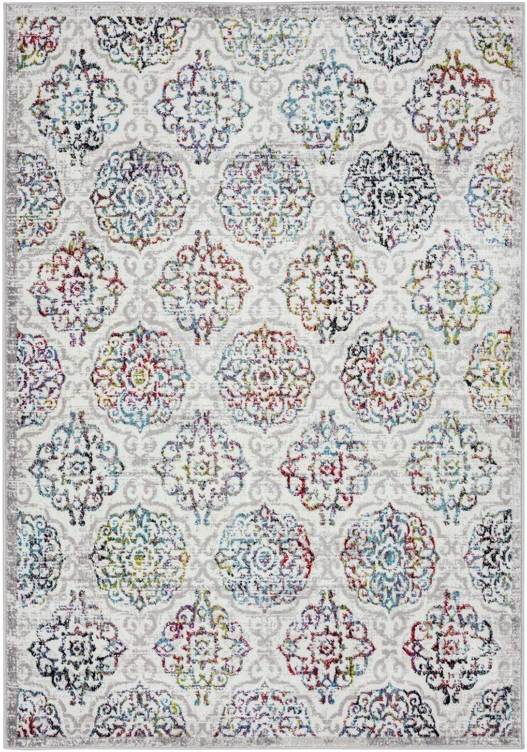Home Dynamix – Alfombra de área transicional tipo damasco modelo Andorra estilo bohemio (color marfil y rosa de 5pies 2pulgadas x 7pies 2pulgadas)