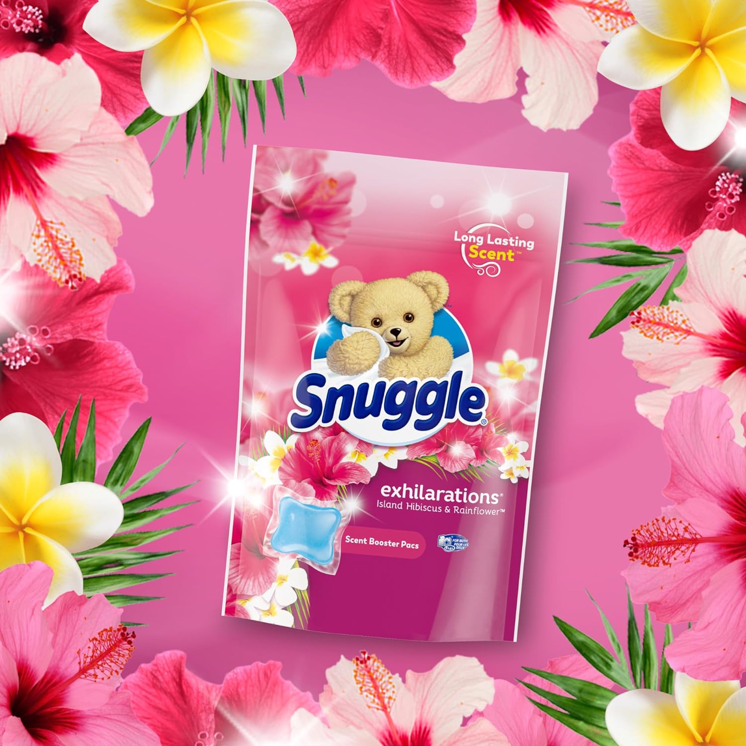 Snuggle Exhilarations in Wash – Paquete potenciador de aroma para lavandería, hibisco de isla y flor de lluvia, 56 unidades