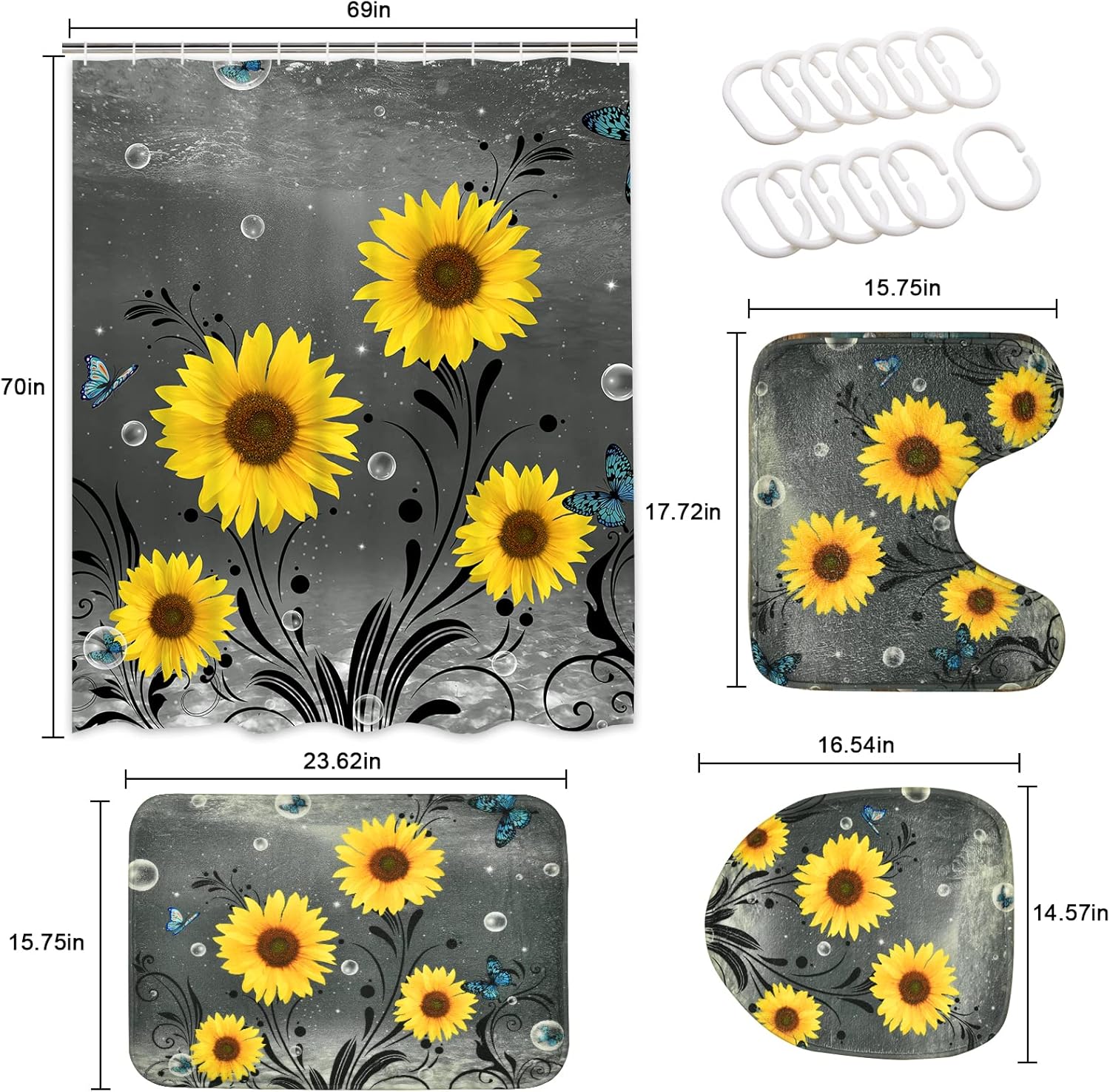Ikfashoni Juego de 4 cortinas de ducha de girasol con alfombras, cubierta de tapa de inodoro, cortina de ducha de mariposa azul con 12 ganchos,