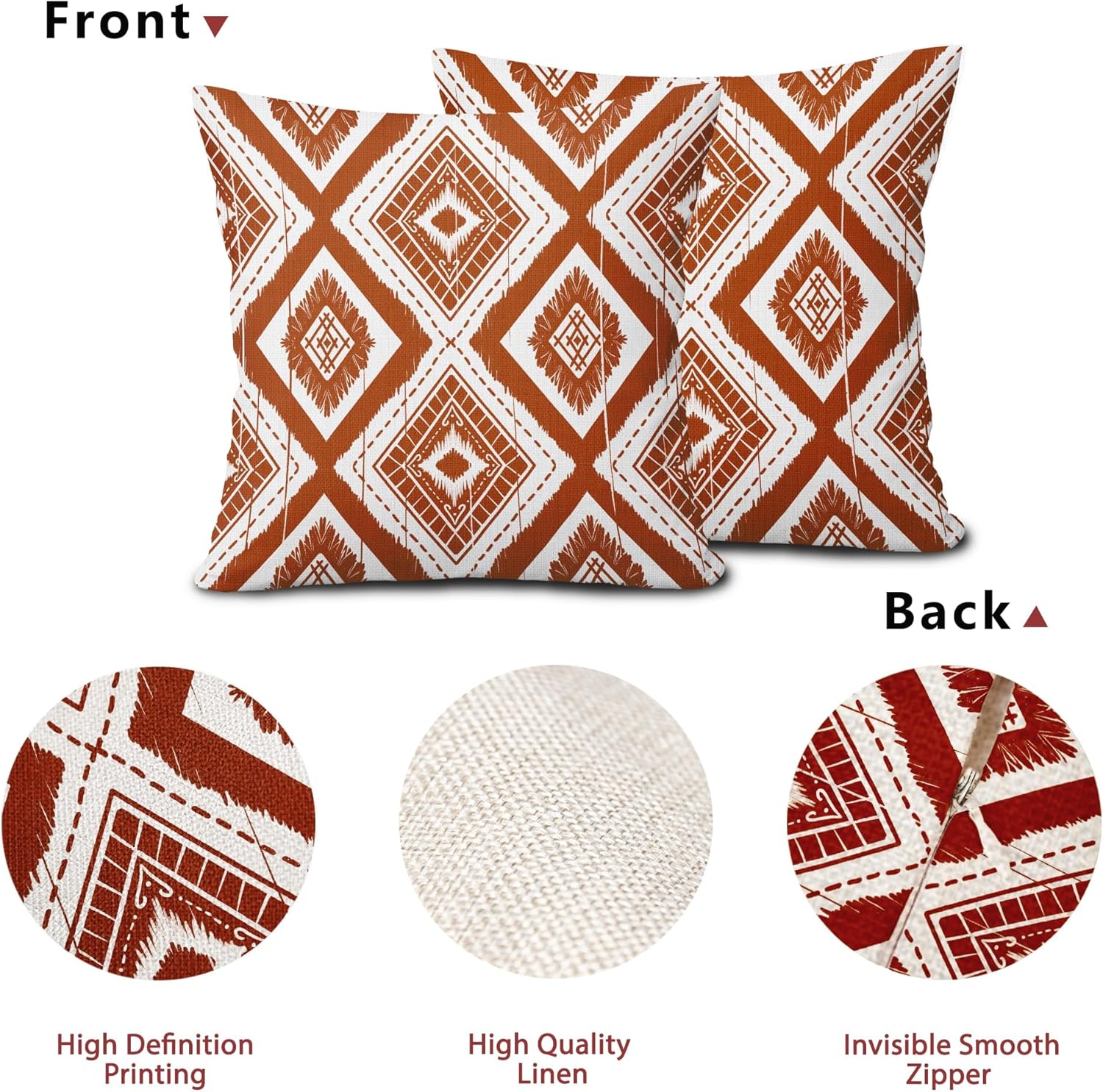 aportt Juego de 2 fundas de almohada geométricas de color naranja quemado de 18 x 18 pulgadas con diamantes Ikat de color marfil óxido, estilo
