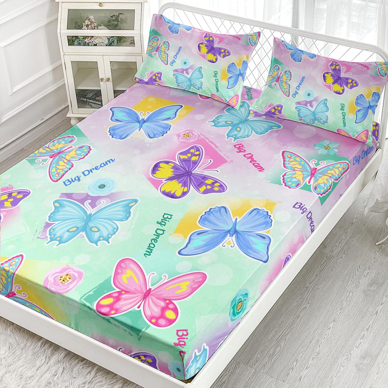 AILONEN Juego de sábanas bajeras de mariposa tamaño individual, juego de sábanas de mariposa para niñas, sábanas coloridas de mariposa para niños,