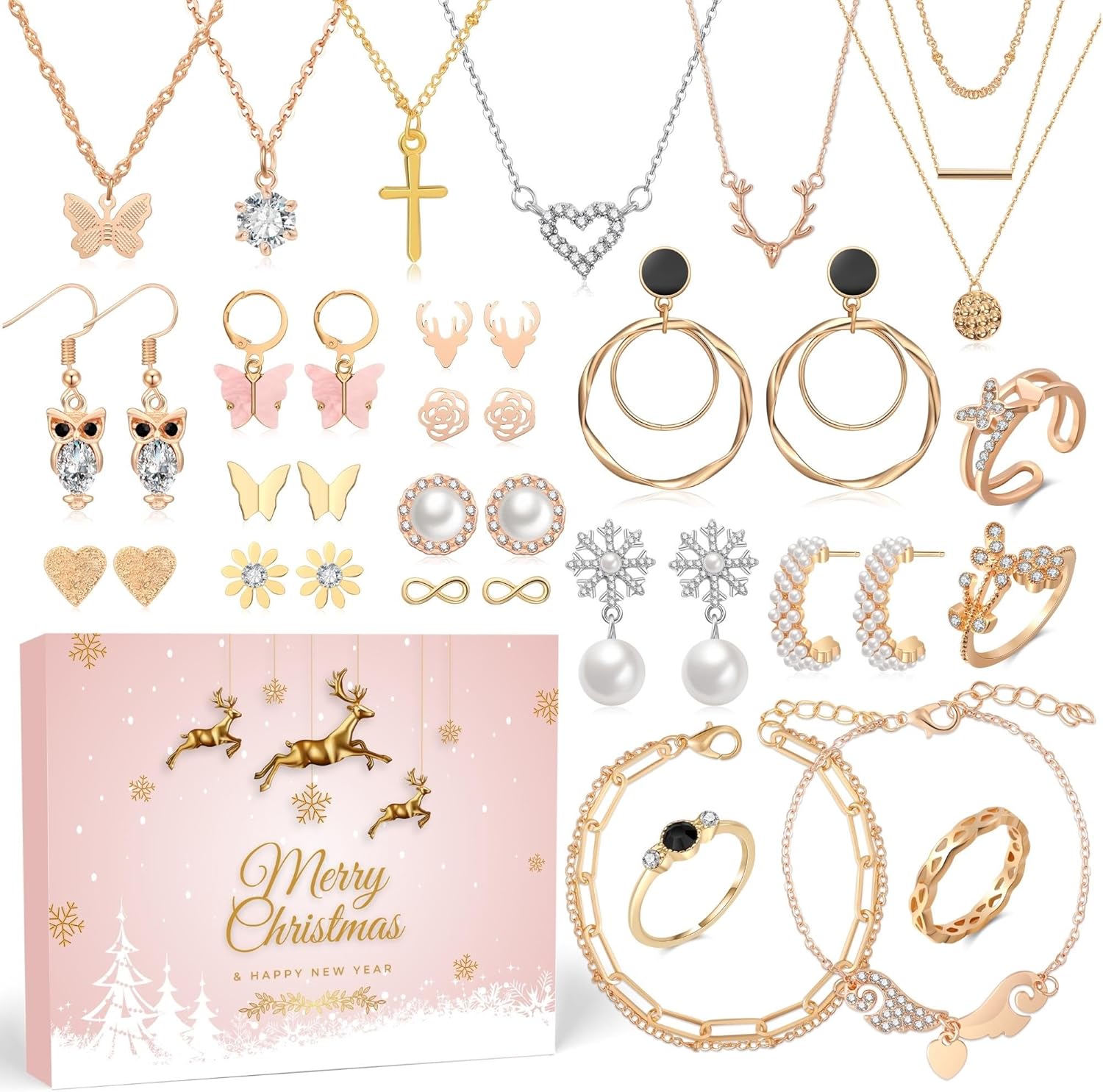 Calendario de Adviento para mujer, cuenta regresiva de Navidad, juego de joyas de moda de oro rosa 2024 para mujeres adultas y adolescentes, regalo