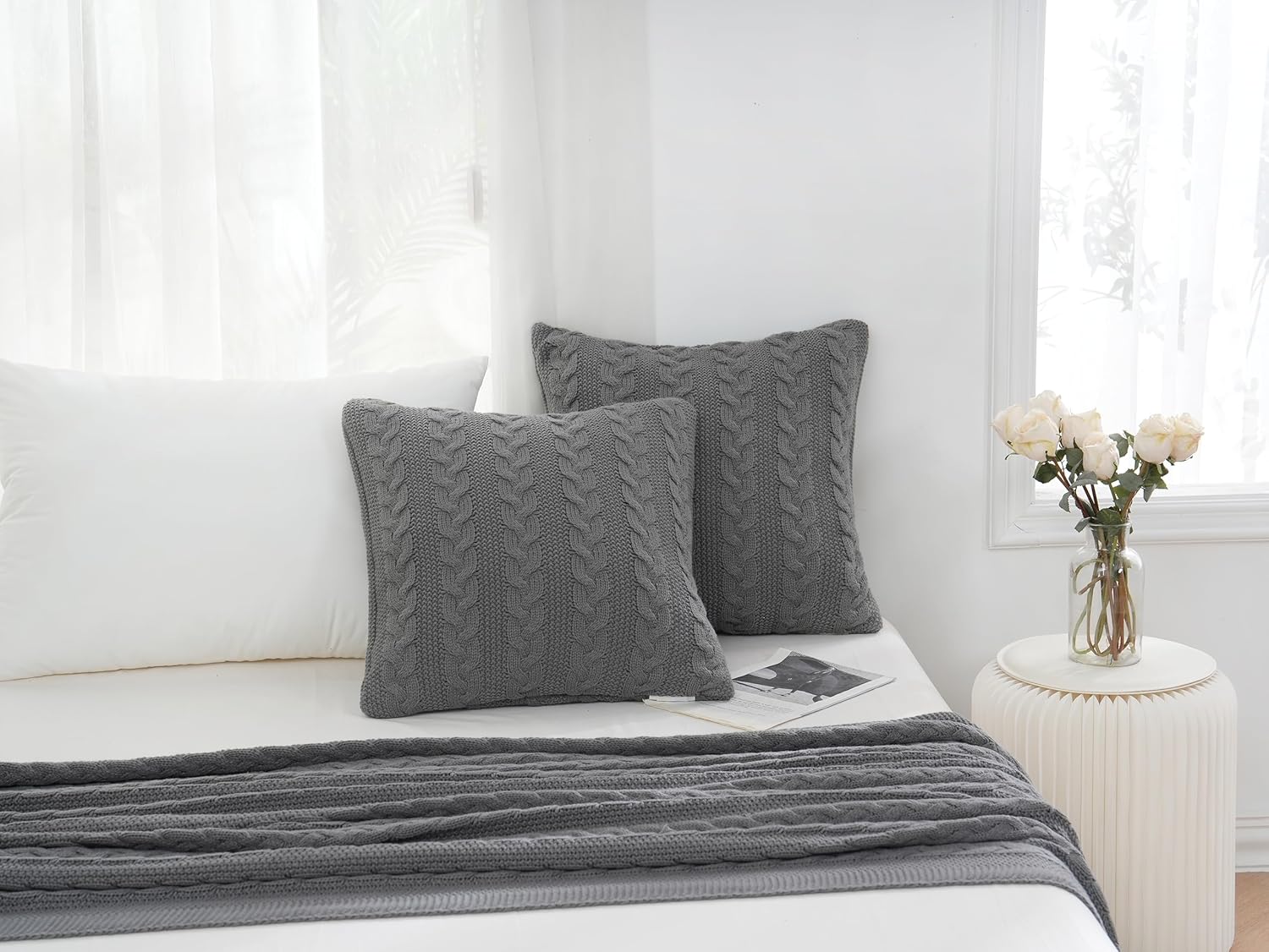 Almohadas de 20 x 20 pulgadas, almohadas de sofá con inserto suave y forma cuadrada de flor de cable, almohadas decorativas para sofá, cama, sala de