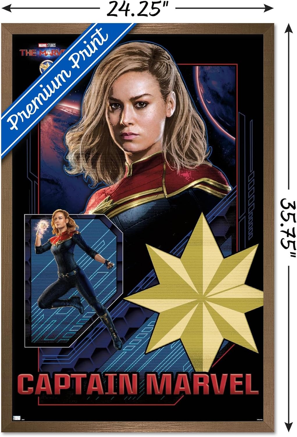 Trends International Marvel The Marvels – Póster de pared del Capitán Marvel, 22.37 x 34.00 pulgadas, versión enmarcada en bronce