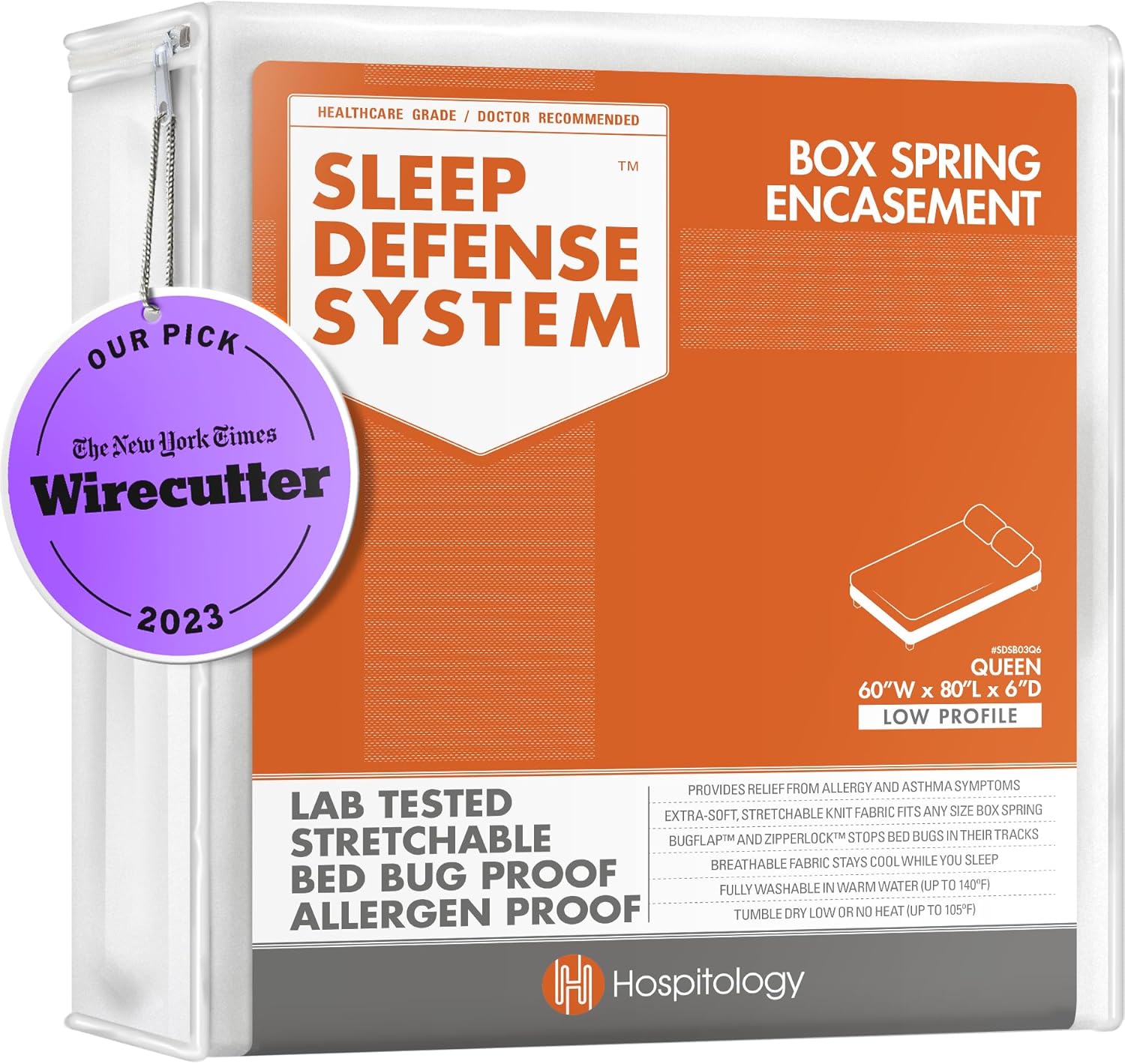 HOSPITOLOGY PRODUCTS – Sistema de defensa del sueño  Recubrimiento de somier con cremallera  A prueba de insectos y ácaros  Hipoalergénico.