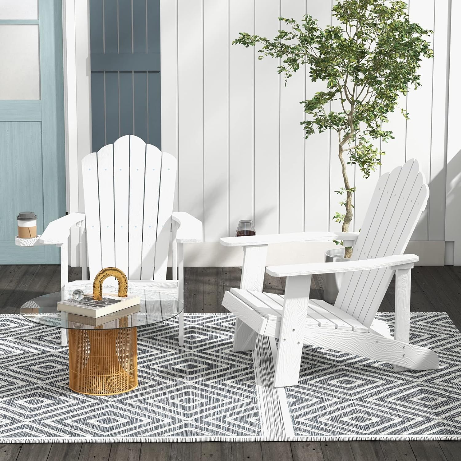 Tangkula Silla Adirondack de gran tamaño, sillas de patio con soporte ajustable para tazas, sillones con caderas y listones, resistente a la