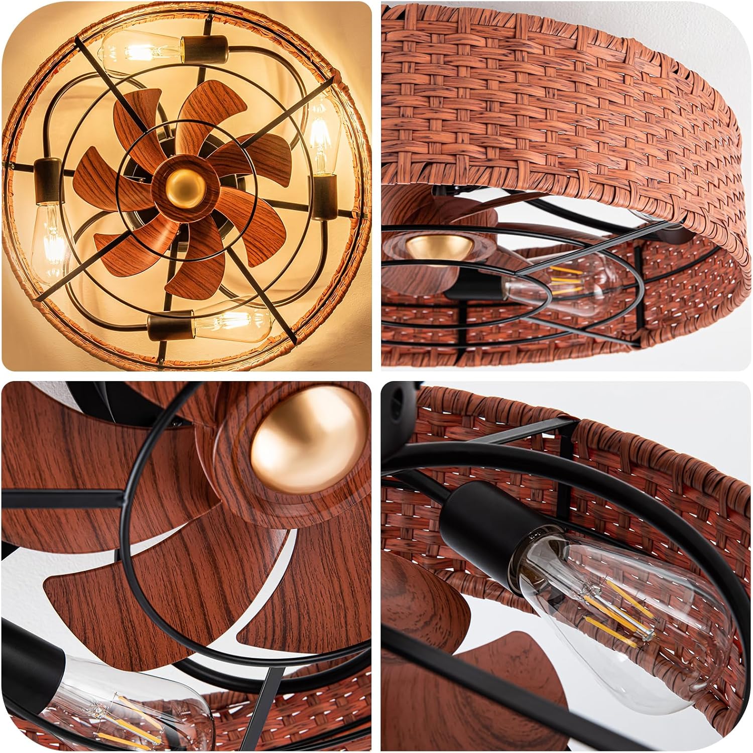 Ventilador de techo bohemio de ratán de 19 pulgadas con luz empotrada, ventilador de techo enjaulado de granja con control remoto reversible de 6