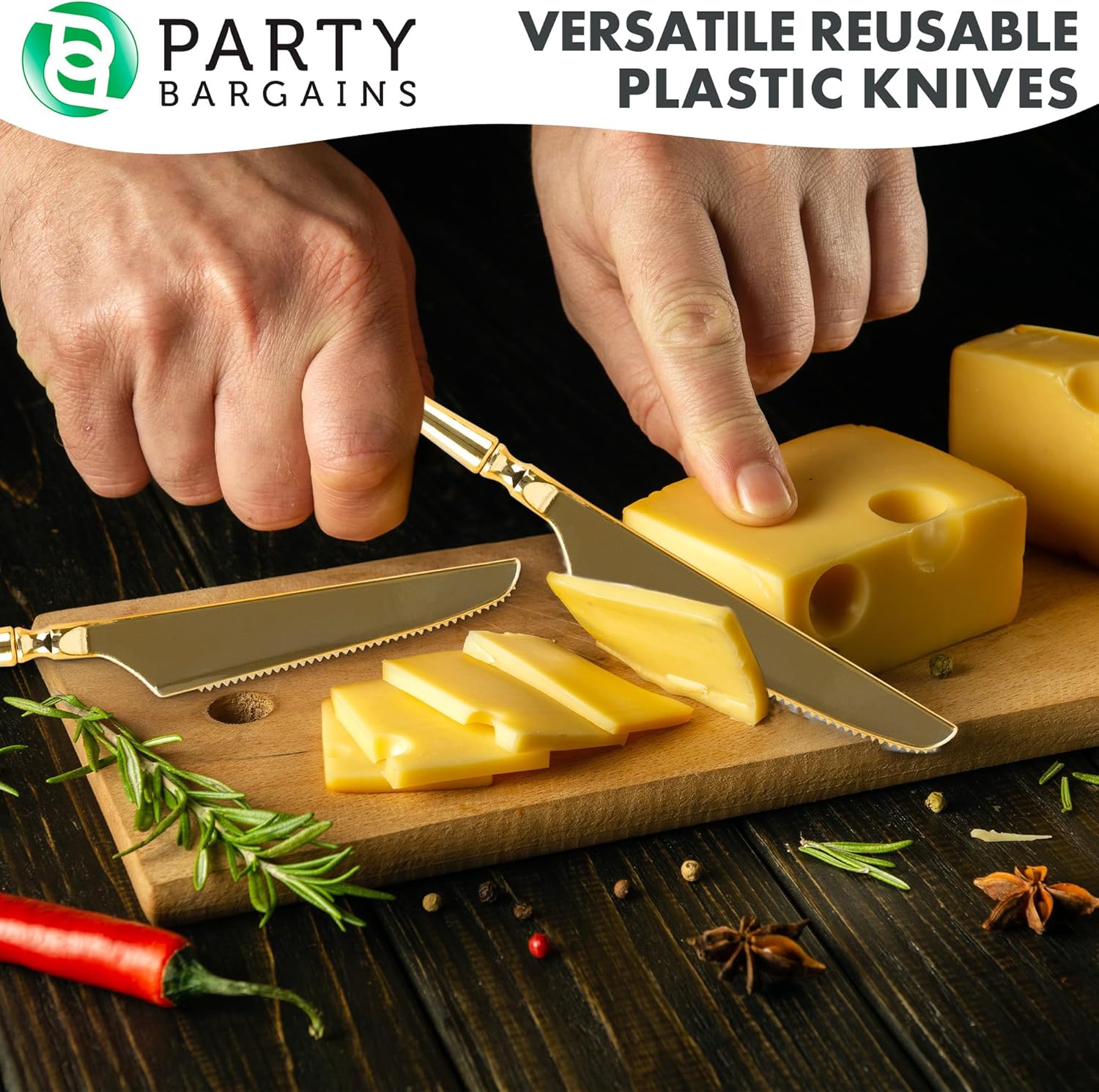 PARTY BARGAINS Cuchillos desechables de plástico, paquete de 40 unidades, dorado, diseño moderno infinito, cubiertos de cocina, perfectos para