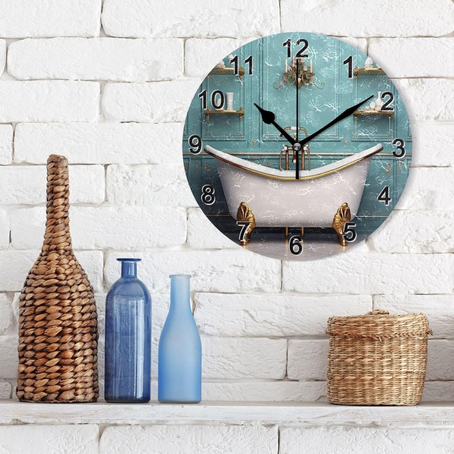 CHIFIGNO Reloj de pared redondo de baño verde azulado, relojes creativos de doble propósito, reloj de pared redondo que funciona con pilas, reloj de