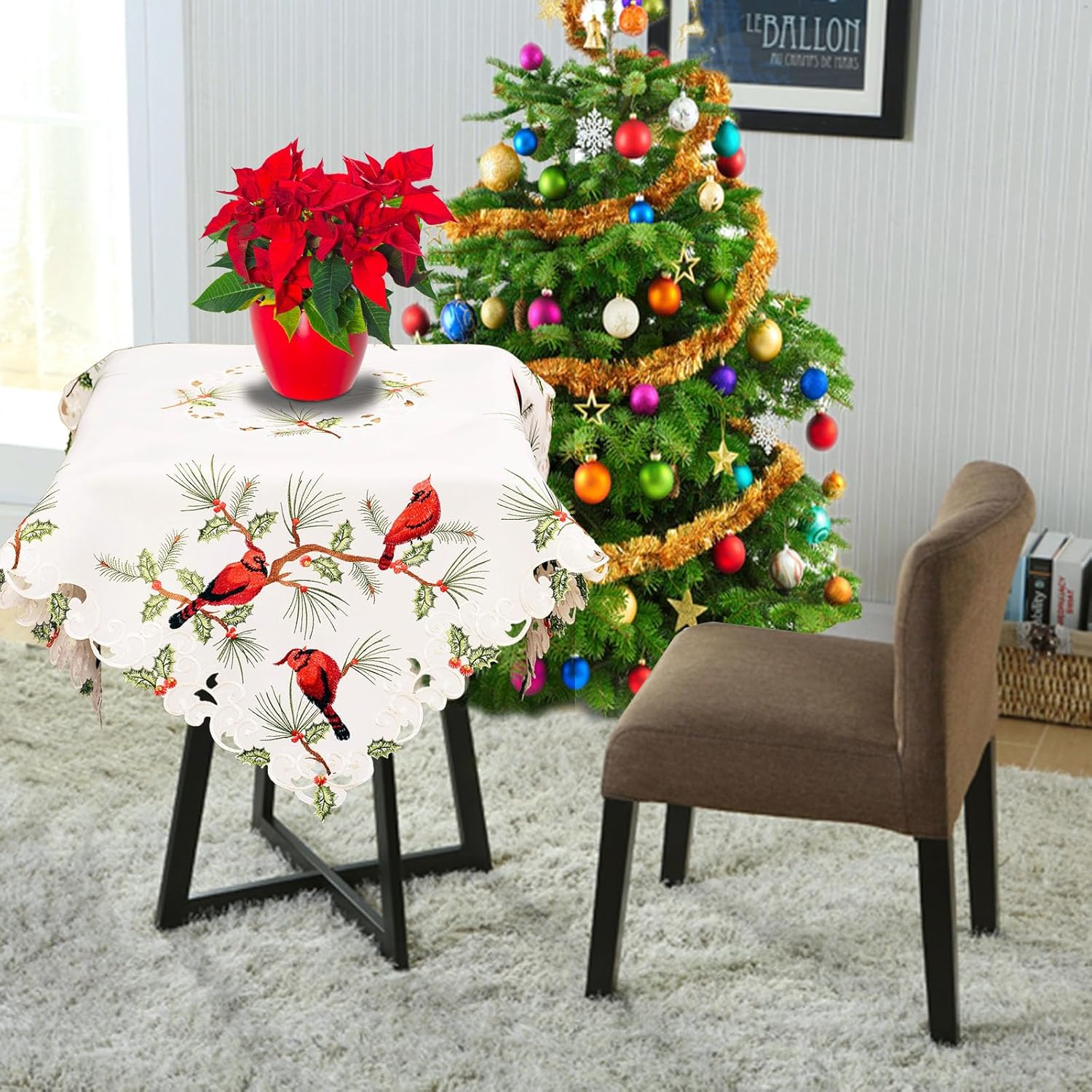 Simhomsen Manteles cardenales cuadrados bordados para decoraciones navideñas (34 x 34 pulgadas)