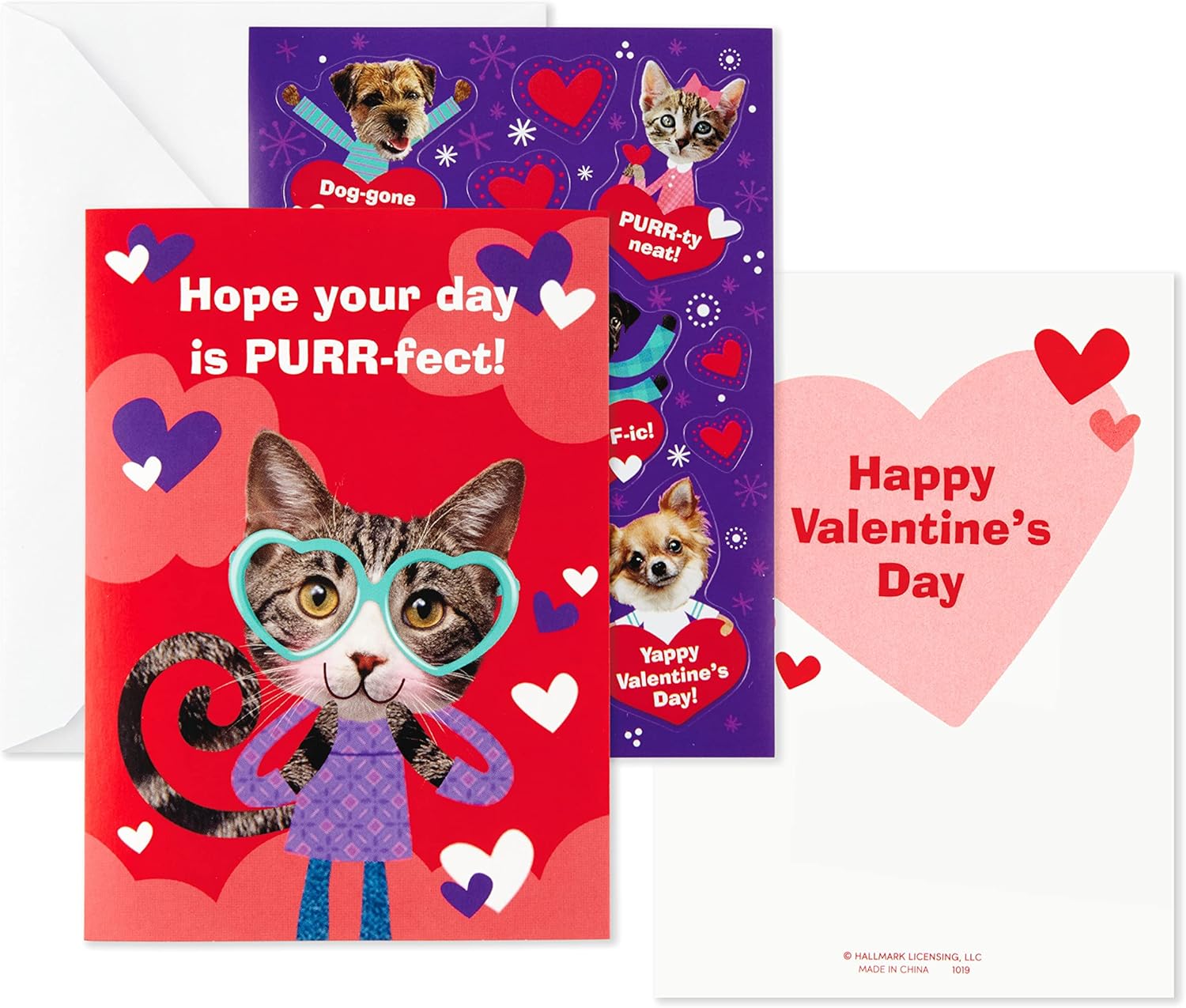 Hallmark Tarjetas de San Valentín y calcomanías para la escuela de niños, cachorros y gatitos (24 aulas de San Valentín con sobres)
