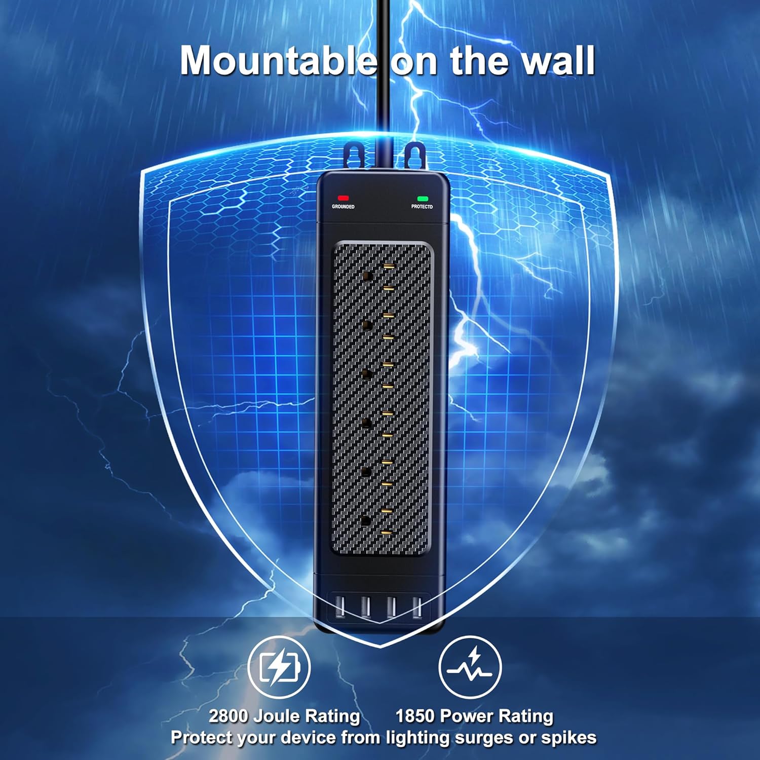 Ultimate – Protector contra sobretensiones, 18 tomas de corriente con puertos USB inteligentes, diseño de montaje en pared, cable de extensión