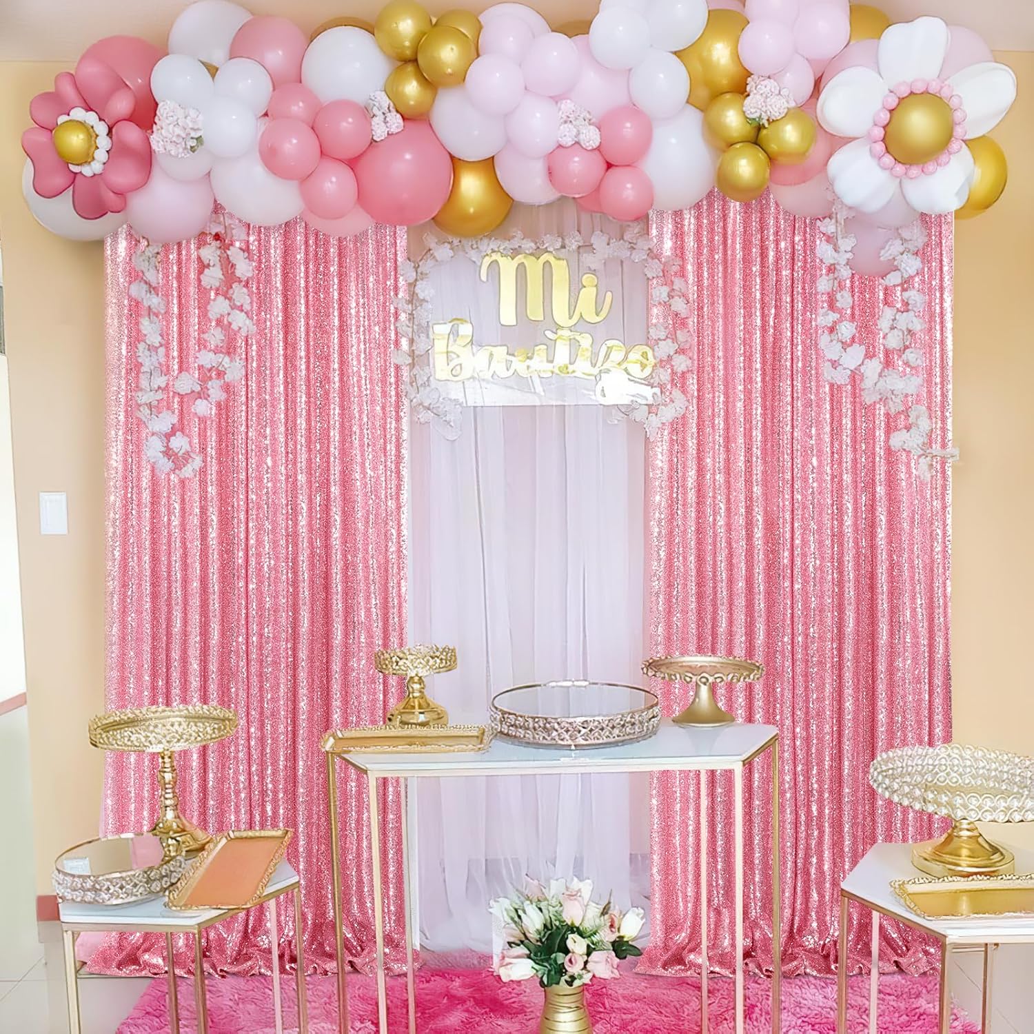 Telón de fondo de lentejuelas rosa rubor, 2 paneles de 2 x 8 pies, cortina tipo telón de fondo con purpurina para decoración de baby shower, boda y