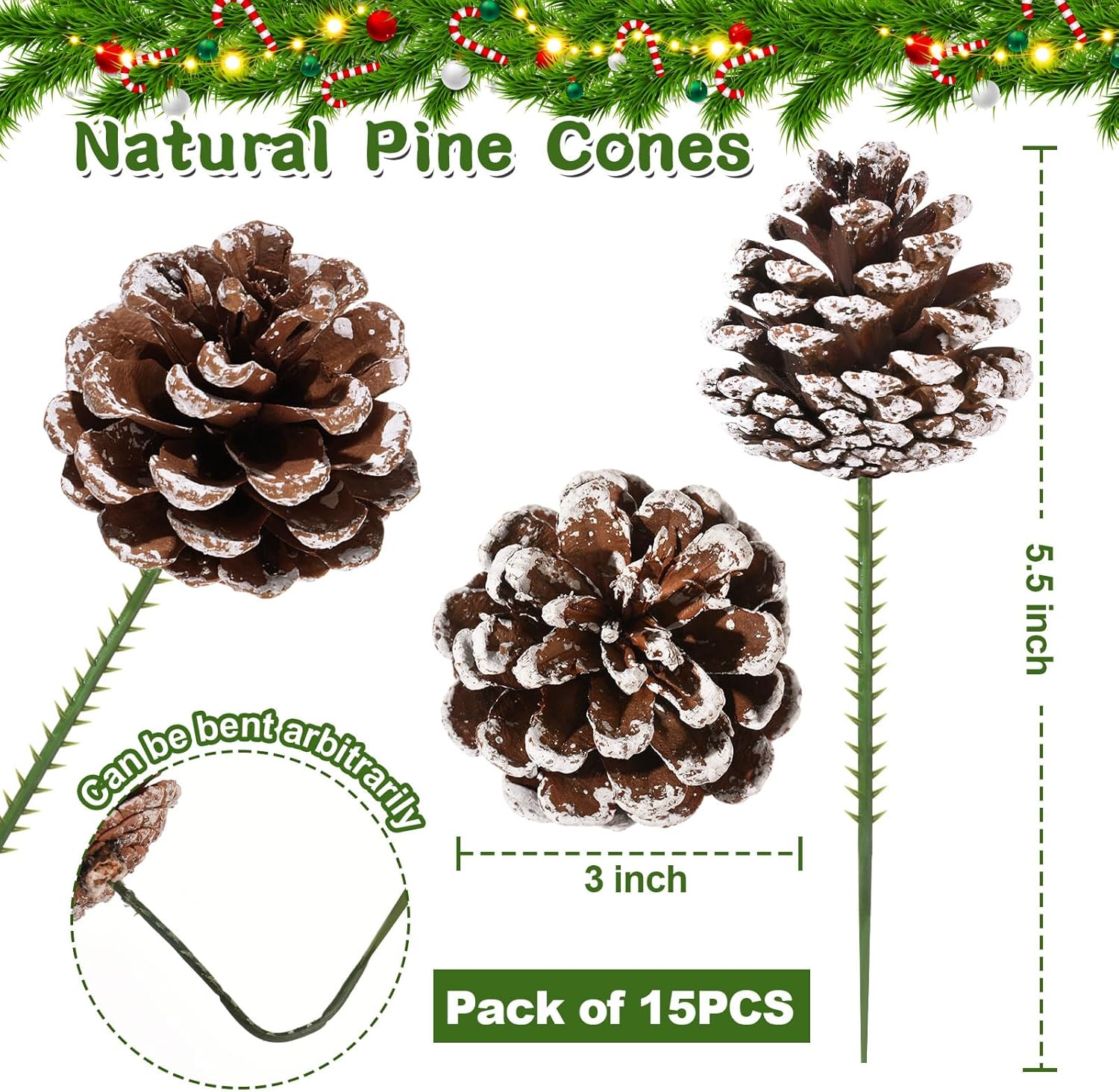 Púas de pino natural de Navidad de 3 pulgadas, 15 piezas de piñas de nieve para decoración de árbol de Navidad, hogar, fiesta, bricolaje