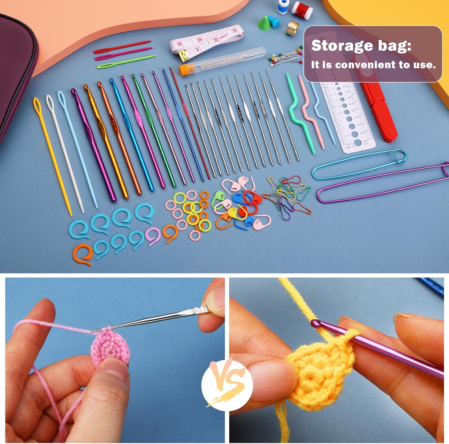 Pnytty Ganchos de ganchillo, kit de 100 ganchos de ganchillo con estuche, incluye ganchos de ganchillo ergonómicos, accesorios de ganchillo, agujas