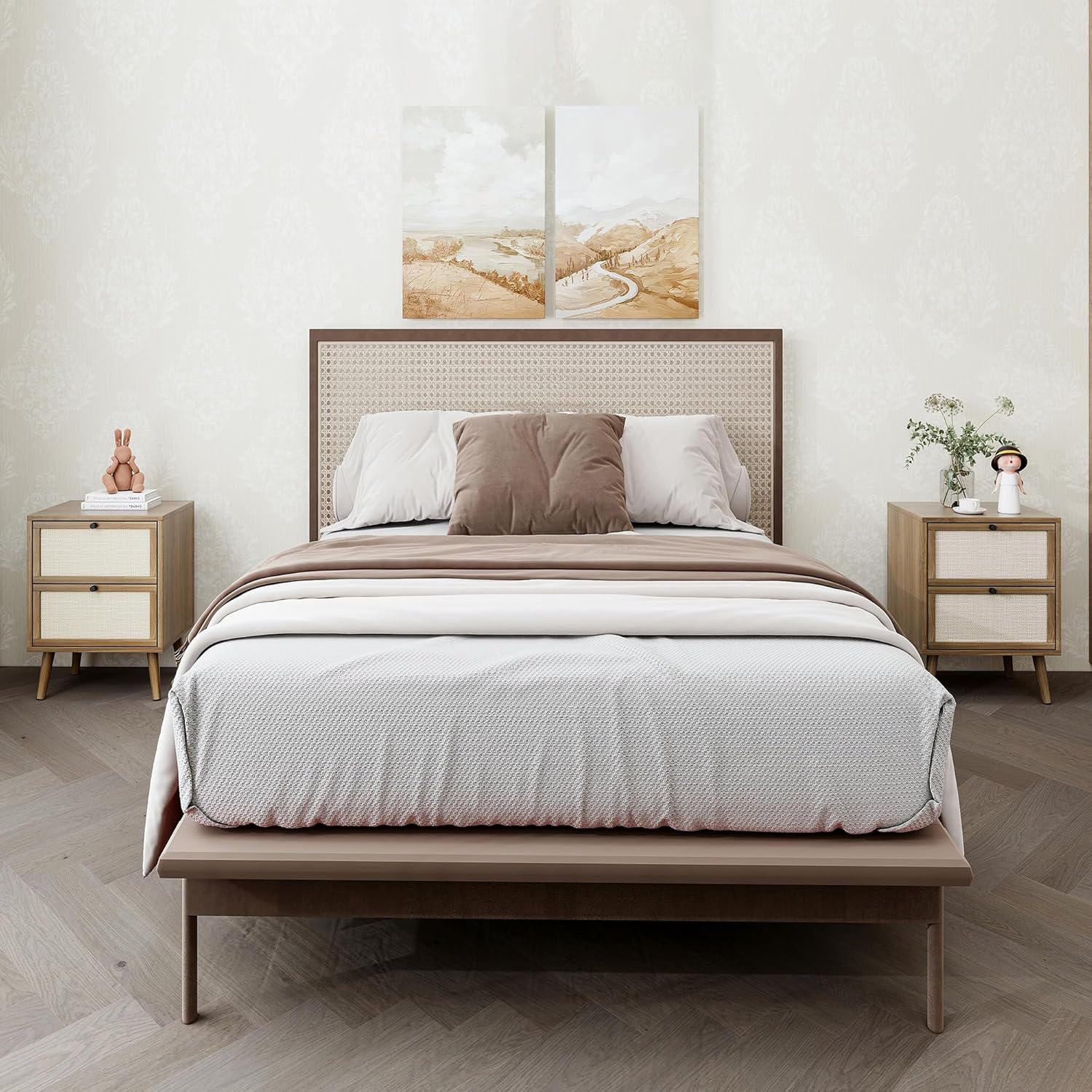 Juego de 2 mesitas de noche de ratán, mesa auxiliar de ratán con 2 cajones decorados a mano, mesa decorativa de madera con 2 cajones de