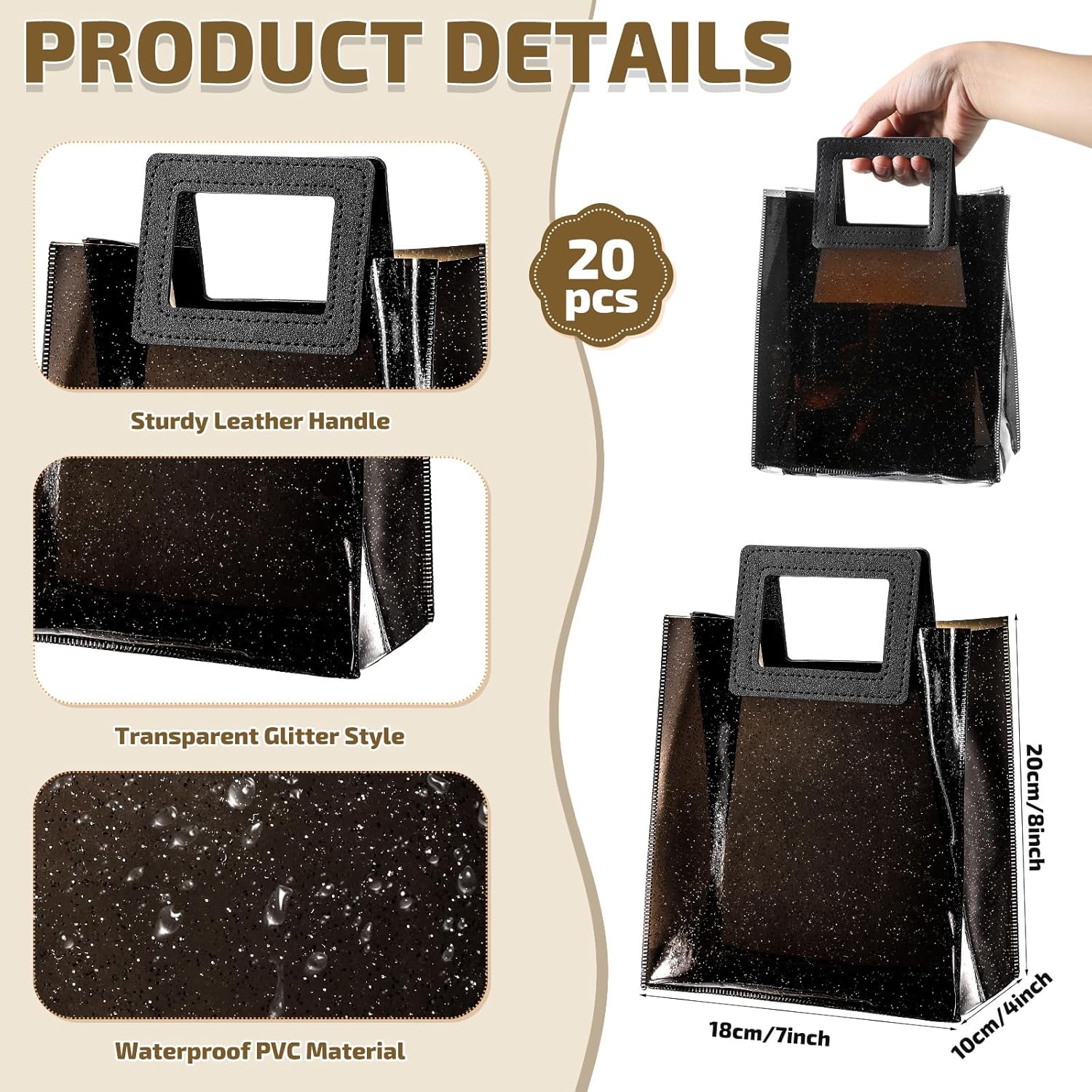 20 bolsas de regalo transparentes con asas para boda, bolsa de mano transparente con purpurina de 7 x 4 x 8 pulgadas, bolsa de regalo de PVC