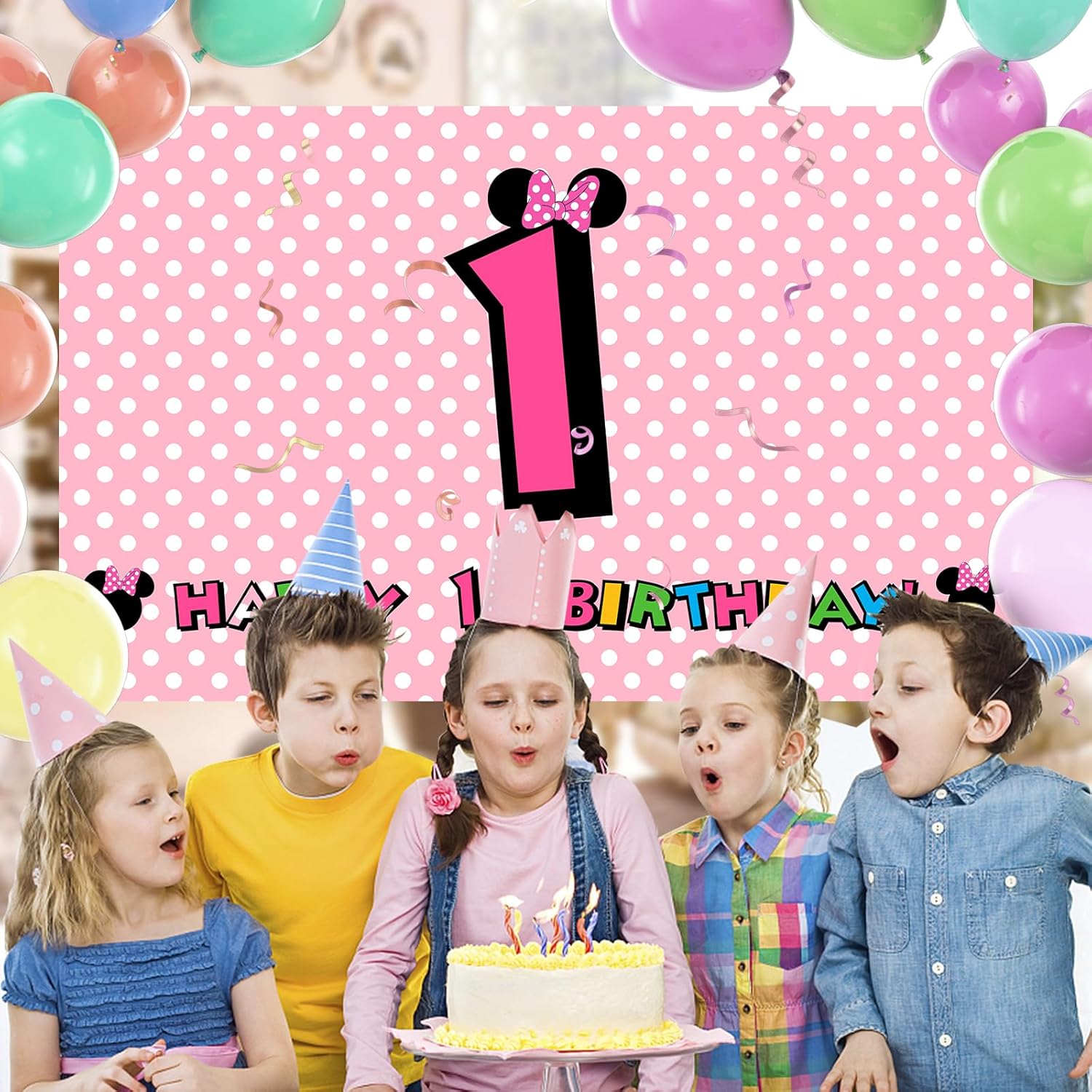Decoración de pancarta de primer cumpleaños de Minnie, telón de fondo de cumpleaños de Minnie rosa para niños y niños, suministros de decoración de