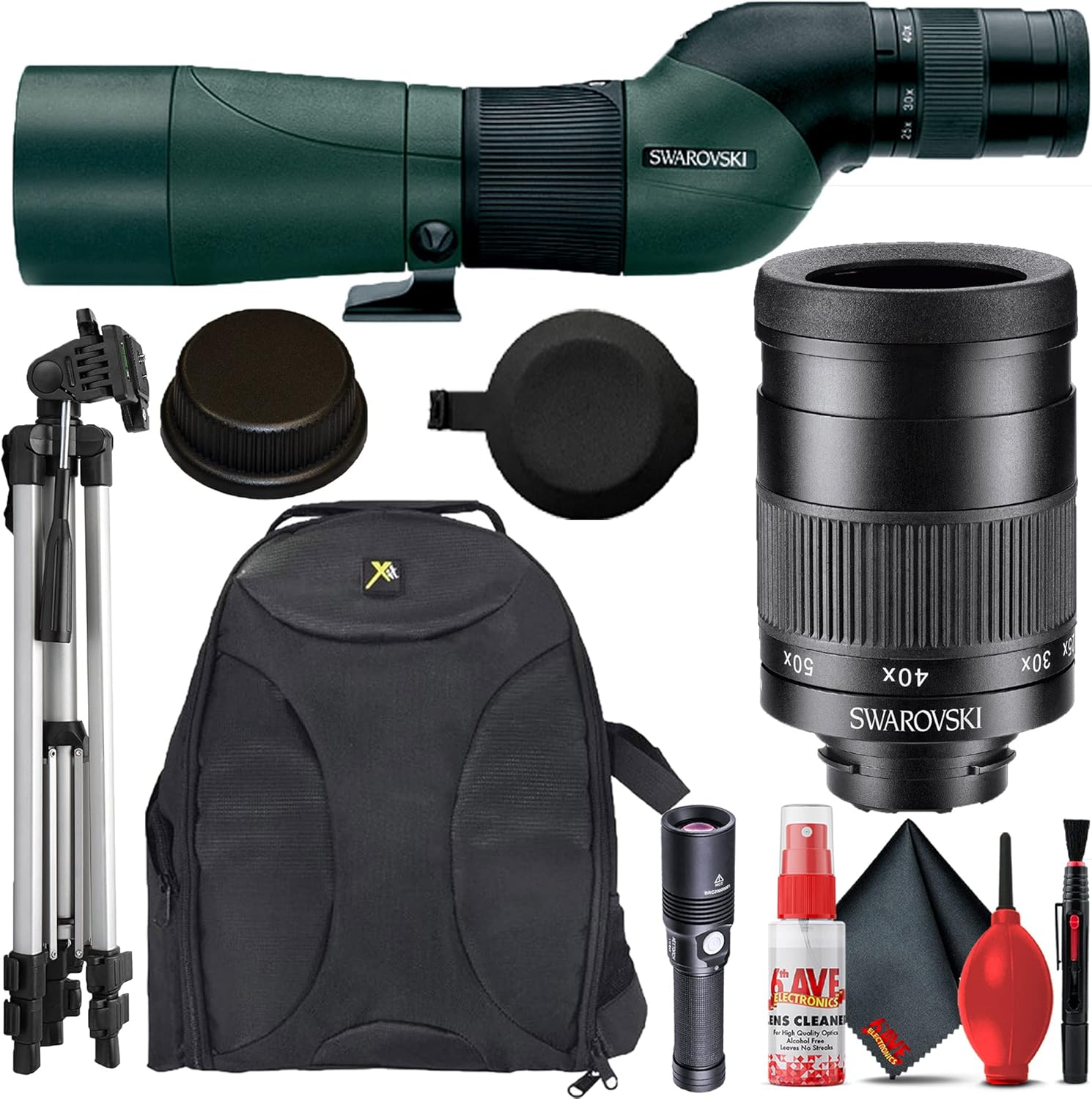 Swarovski Optik Spotting Scope STS 65 + Swarovski Ocular 25-50X W + mochila acolchada + linterna + trípode de 6 pies + kit de limpieza 6Ave