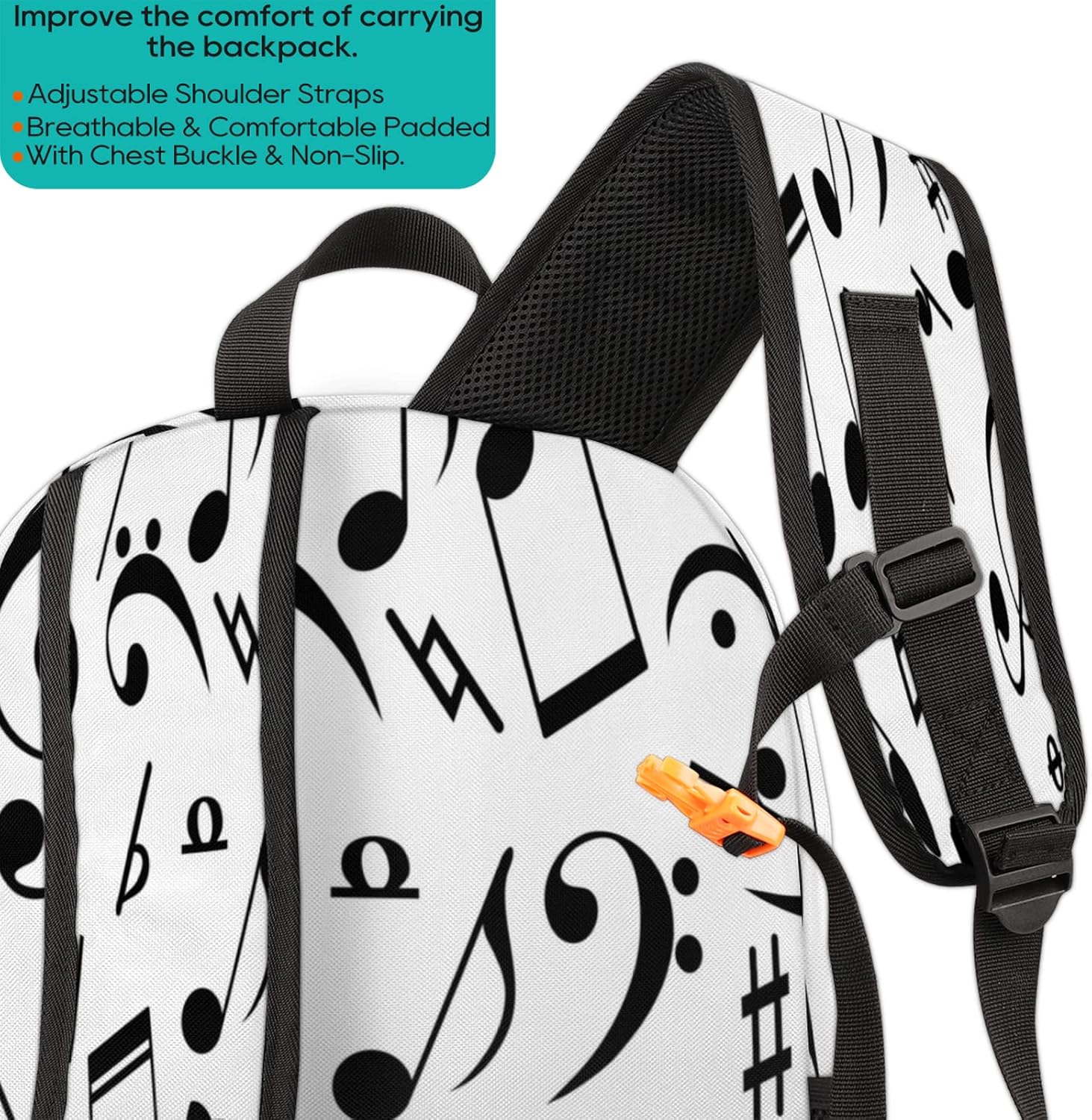 Mochila escolar negra con notas musicales, mochila escolar para adolescentes, niñas, niños, mochila escolar para computadora de hombro, senderismo,