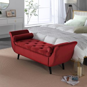Banco de almacenamiento de terciopelo para dormitorio, color rojo, tapizado con botones, otomano, reposapiés, brazo enrollado, patas de madera maciza Banco de almacenamiento de terciopelo para dormitorio, color rojo, tapizado con botones, otomano, reposapiés, brazo enrollado, patas de madera maciza