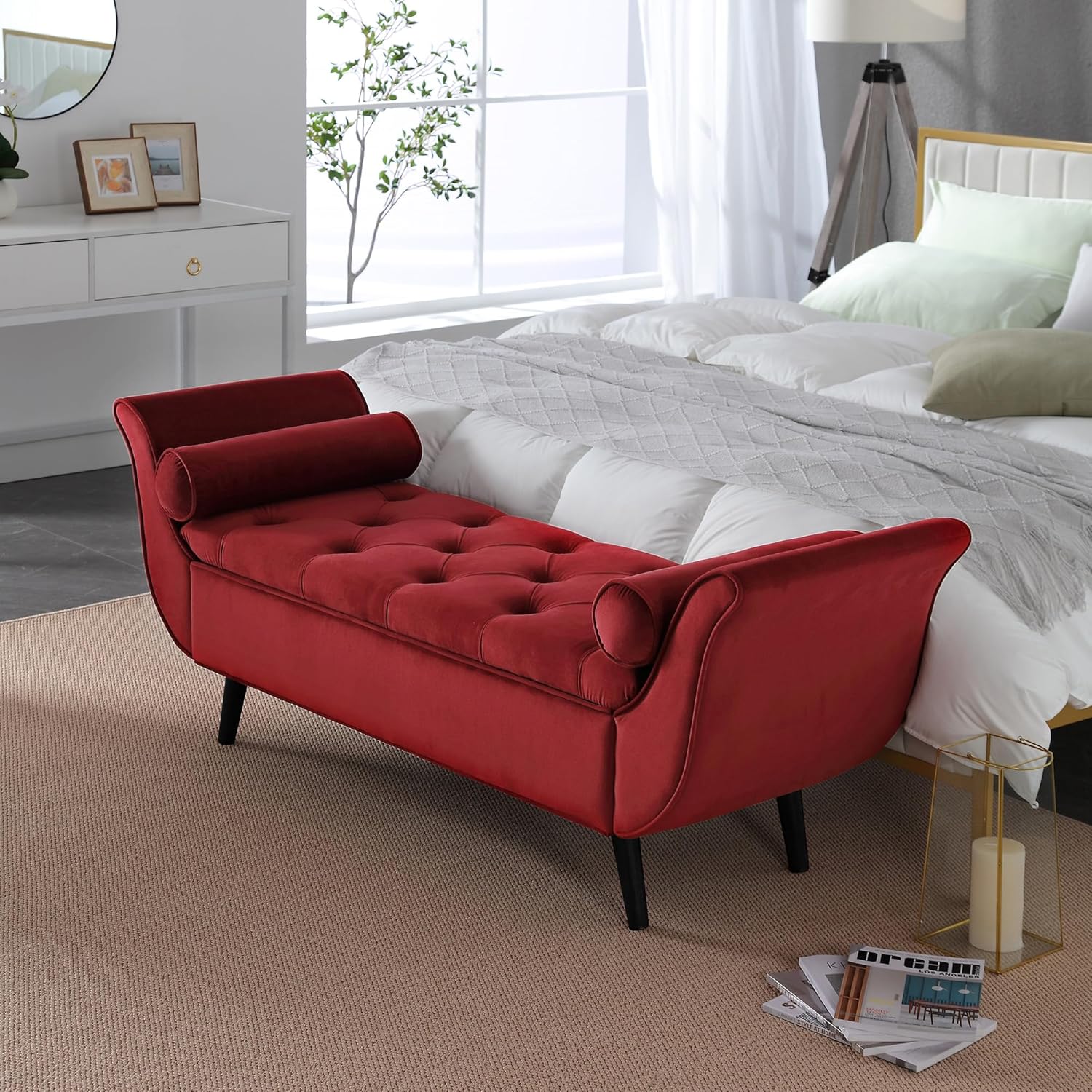 Banco de almacenamiento de terciopelo para dormitorio, color rojo, tapizado con botones, otomano, reposapiés, brazo enrollado, patas de madera maciza
