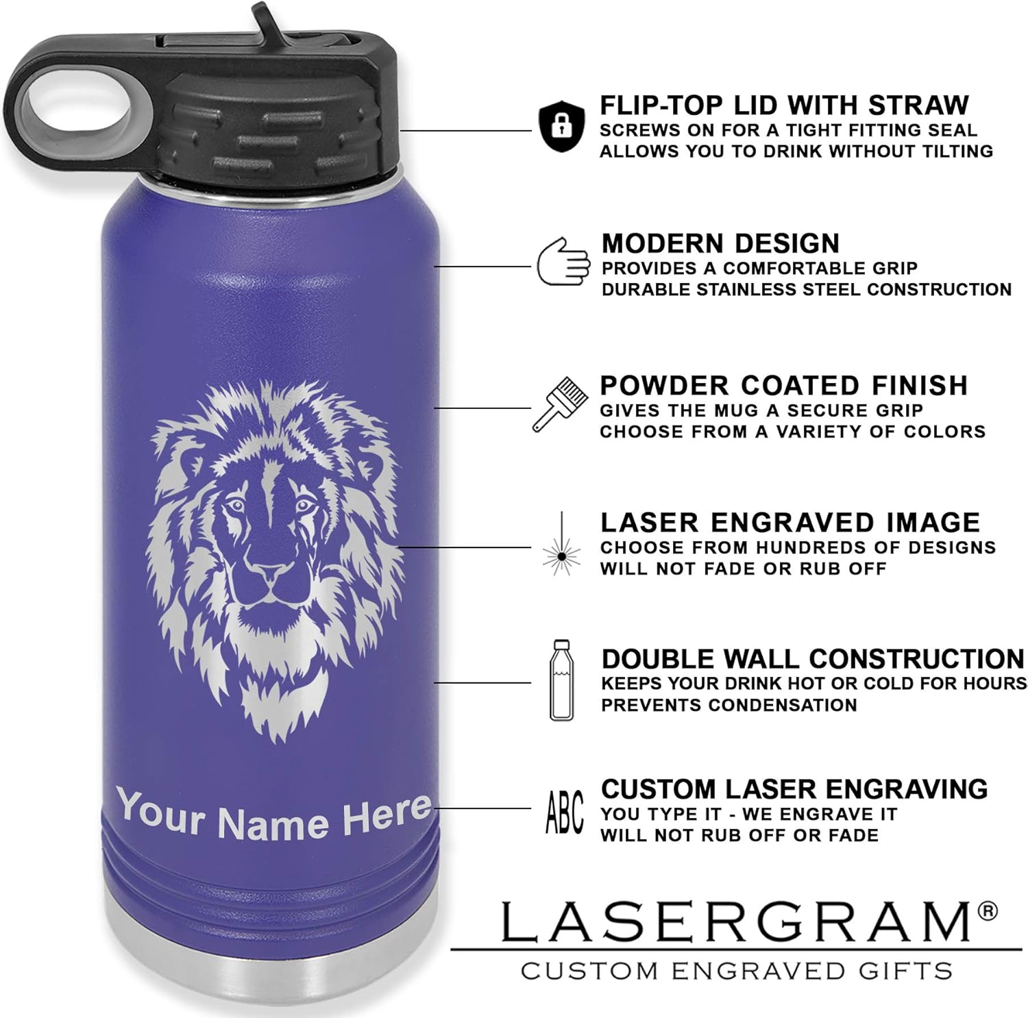 LaserGram Botella de agua de doble pared con tapa abatible de 40 onzas con pajilla, soporte de mano para gimnasta, grabado personalizado incluido