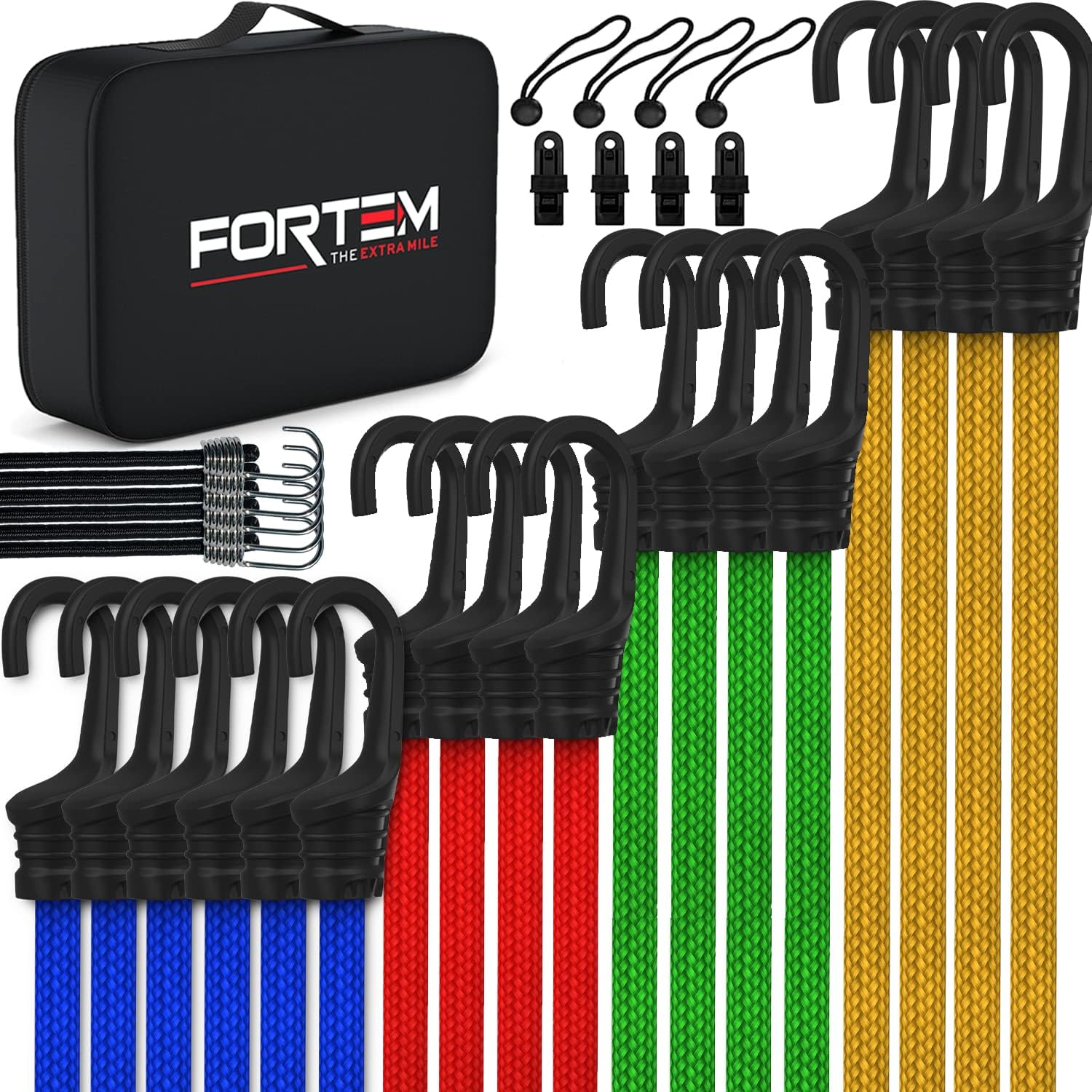 Cuerdas de bungee surtidas de calidad superior, 24piezas con cuerdas de cubierta y red de carga adicional por FORTEM, ganchos de metal con