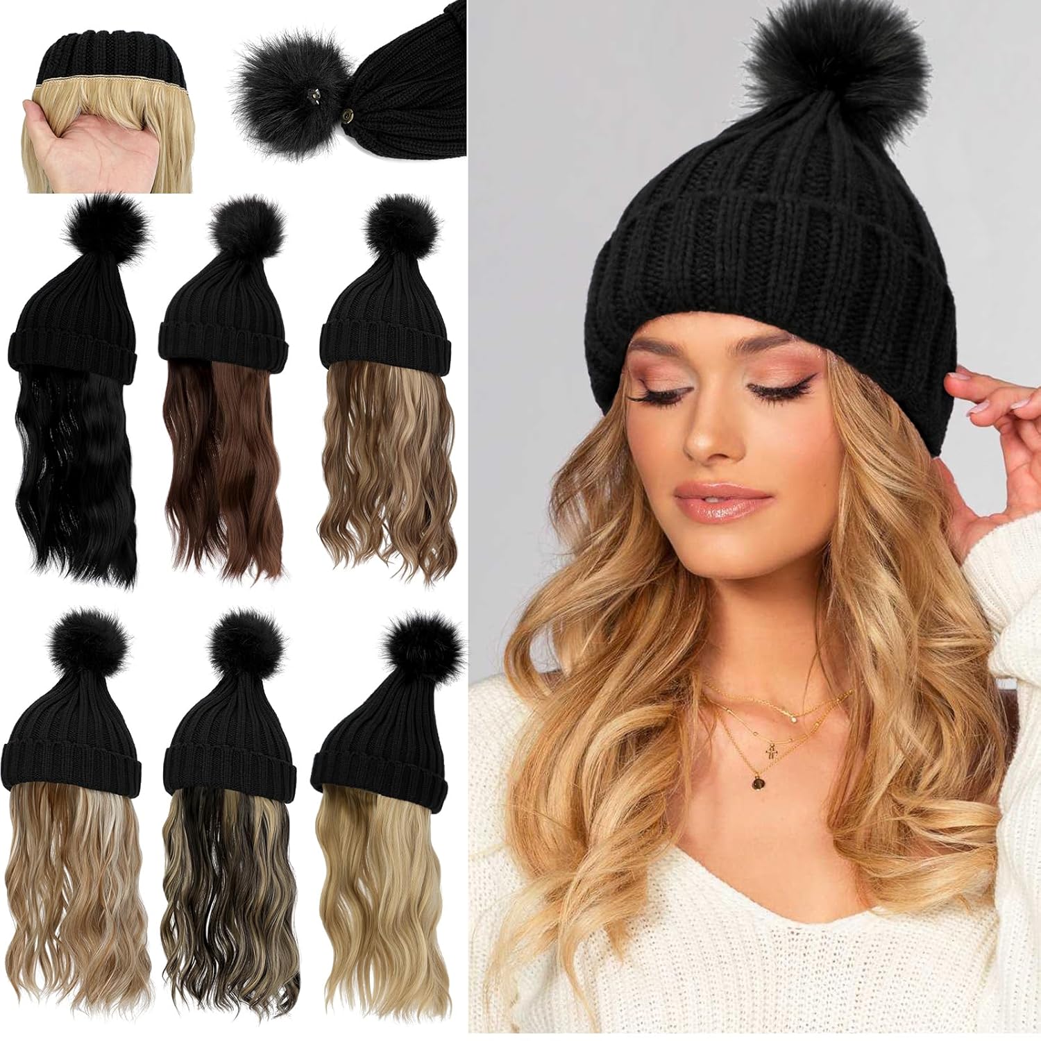 Gorro con peluca, gorro con cabello, extensiones de cabello largo y ondulado, gorro de punto acanalado, con pompón adjunto, 14 pulgadas, rizado,