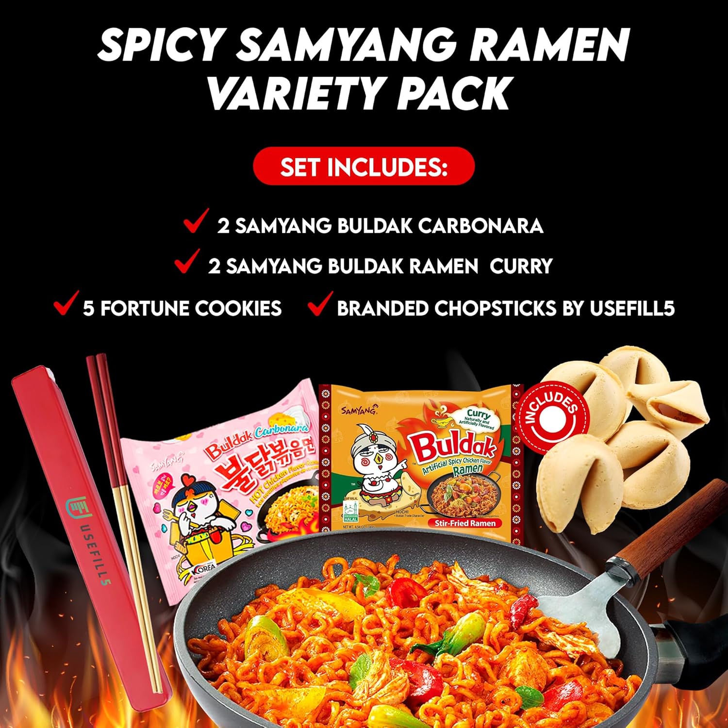 Buldak Ramen Fideos  Paquete de 4 fideos ramen coreanos  Buldak Ramen Carbonara Curry Fideos picantes Buldak Ramen Paquete variado  Incluye Samyang