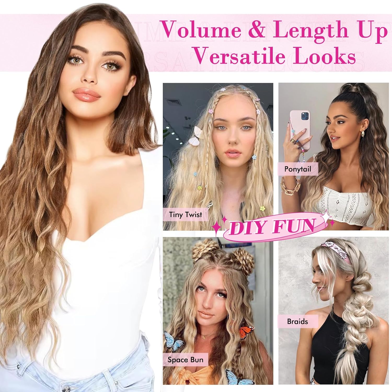 REECHO HE009 – 9 extensiones de cabello con clip de 24 pulgadas de grosor, largo, mini onda de sirena, lujosa, ligera, tecnología japonesa, fibra