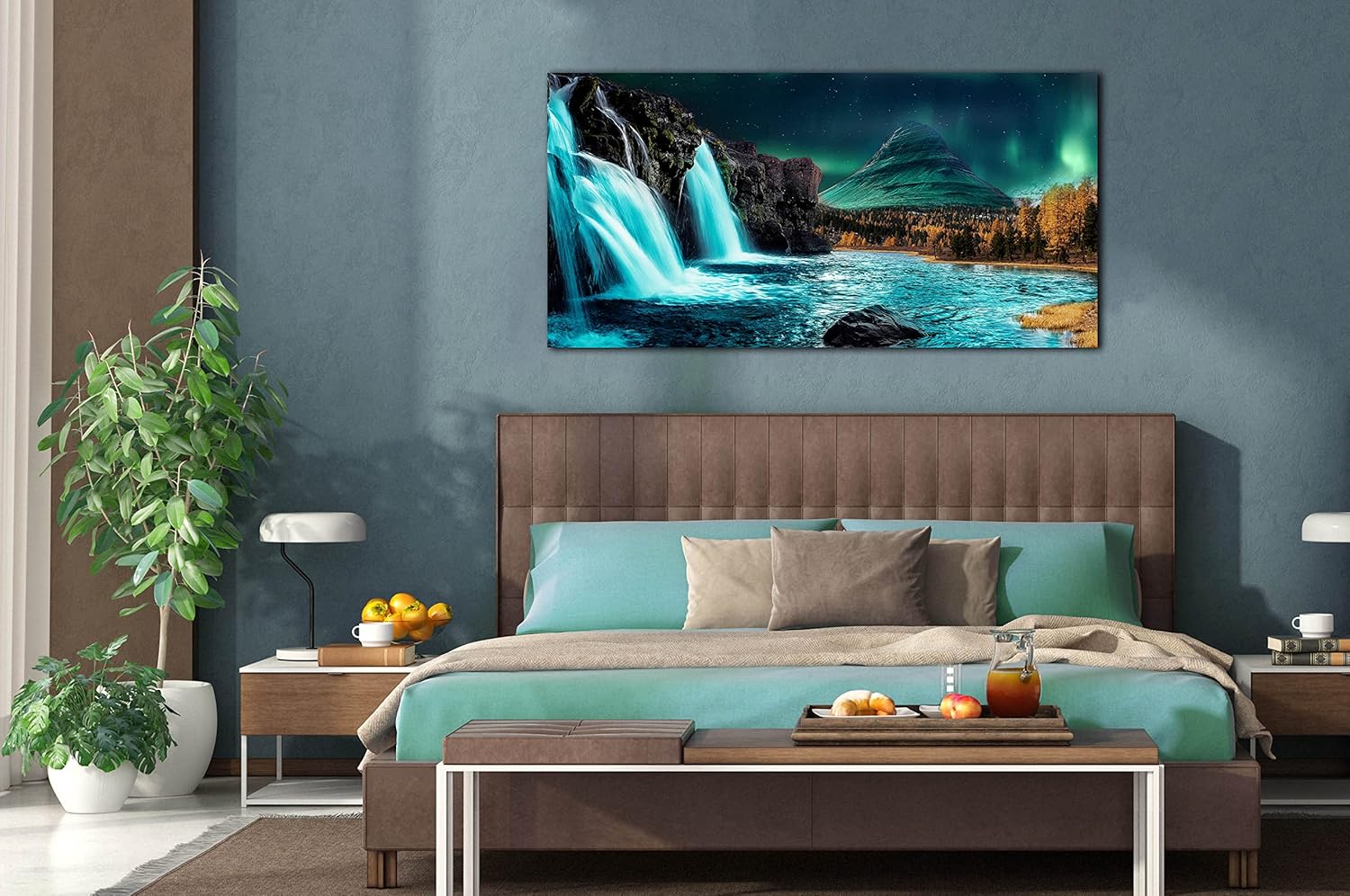 THRLVEART Lienzo decorativo de pared en cascada grande  Decoración de sala de estar verde azulado  Luces del norte, arte de pared moderno para el