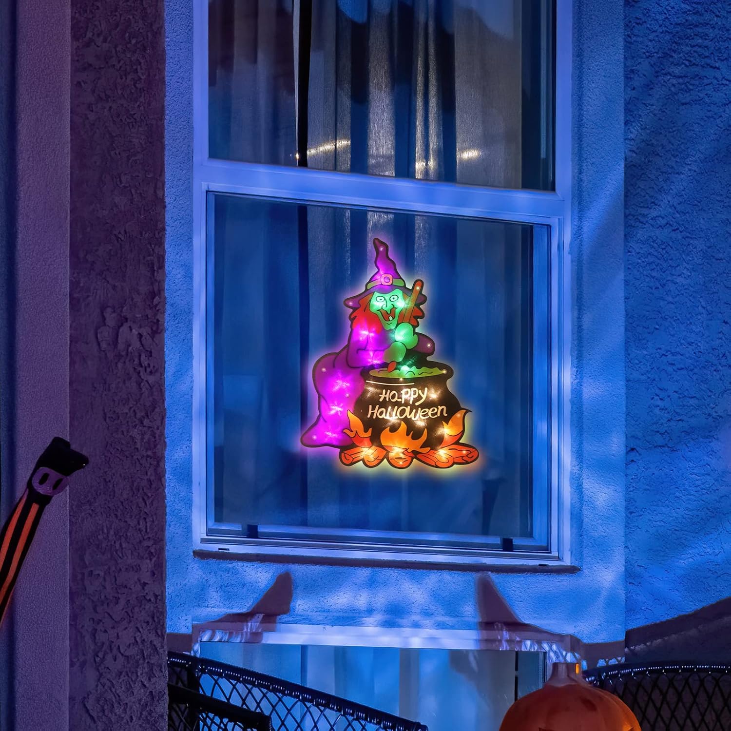 Decoración de silueta de ventana de Halloween con 20 luces LED, decoración de Halloween (bruja)