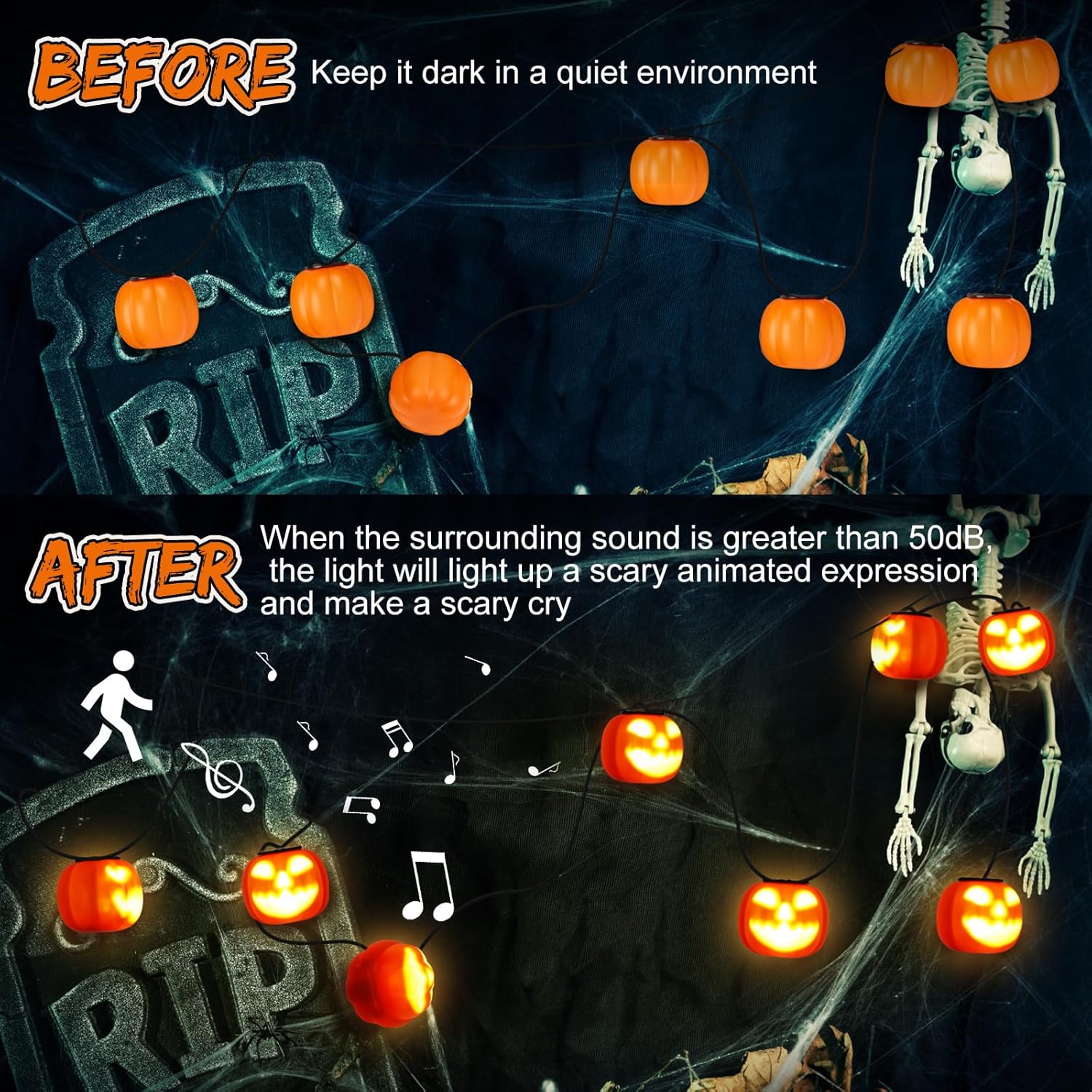 Guirnalda de luces de calabaza de Halloween de 14.7 pies con música espeluznante, luces de cadena impermeables naranjas, sensor de movimiento,