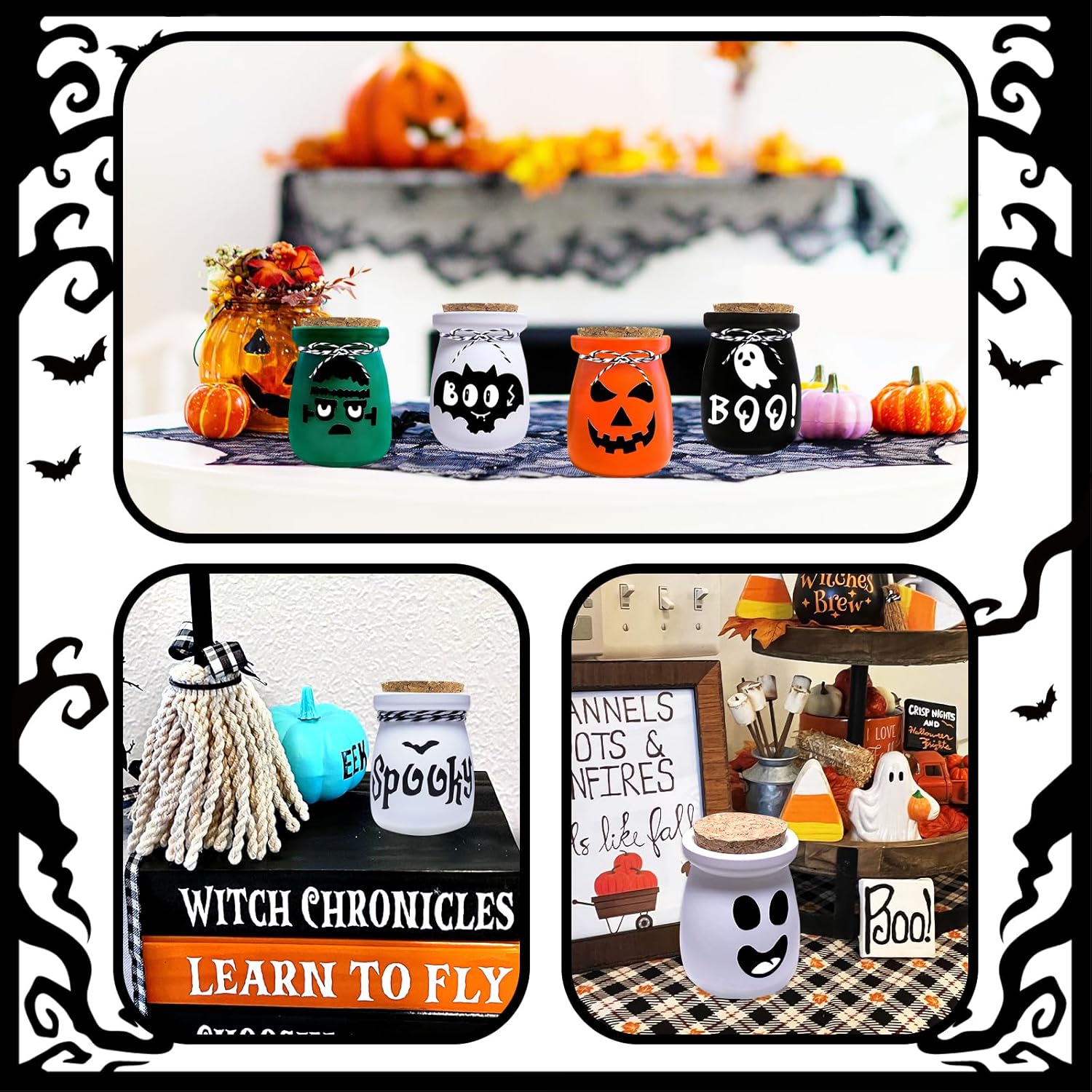 Decoraciones de Halloween para interiores, 6 botellas de poción para decoración de Halloween, mini tarros de Halloween con fantasma, murciélago,