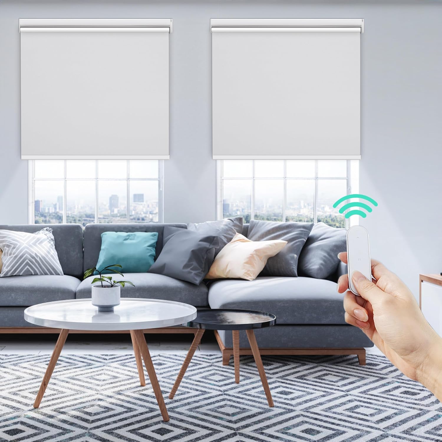 Allesin Persianas enrollables motorizadas con control remoto para ventanas, persiana enrollable inteligente, eléctrica a pilas (blanco, 34 pulgadas