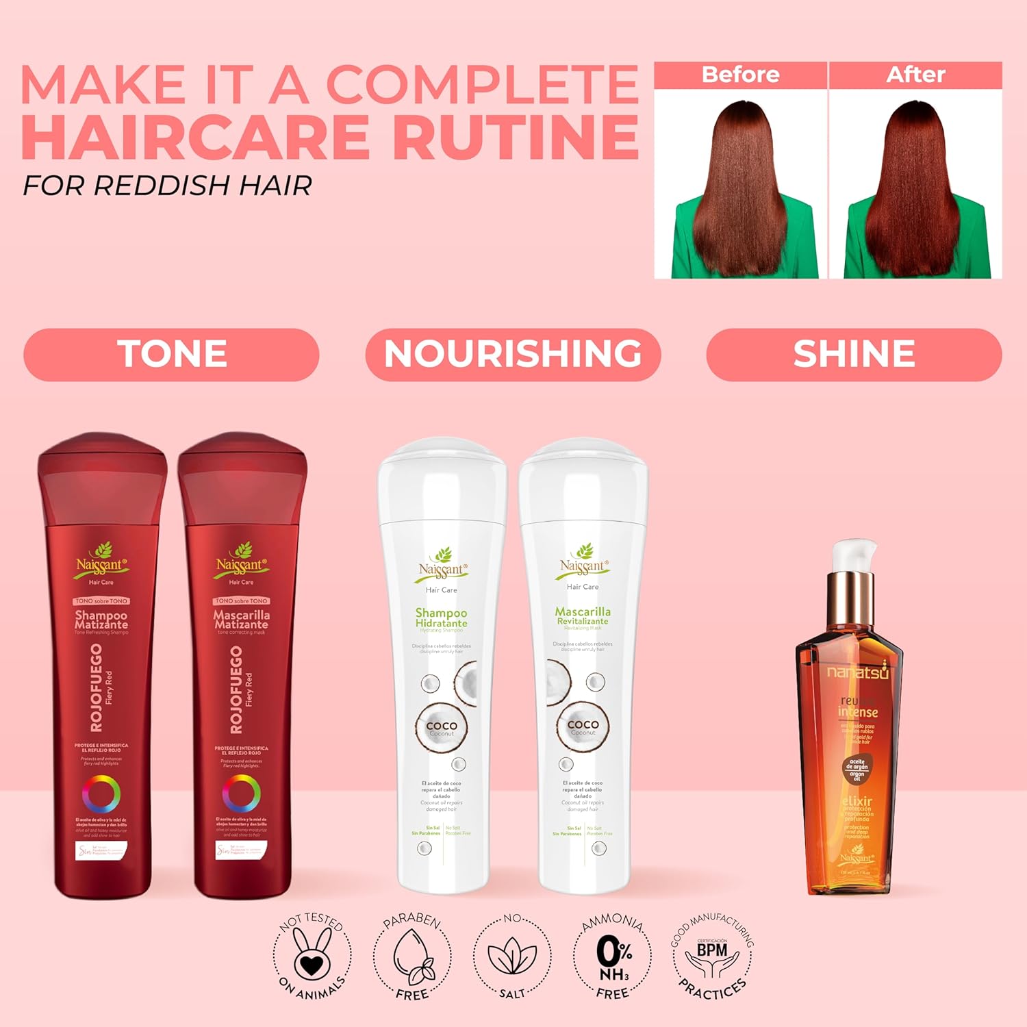 Naissant Mascarilla tonificante para cabello rojo profundo  Depósito de color  Hidrata, refresca y neutraliza los tonos cobrizos, sin parabenos,