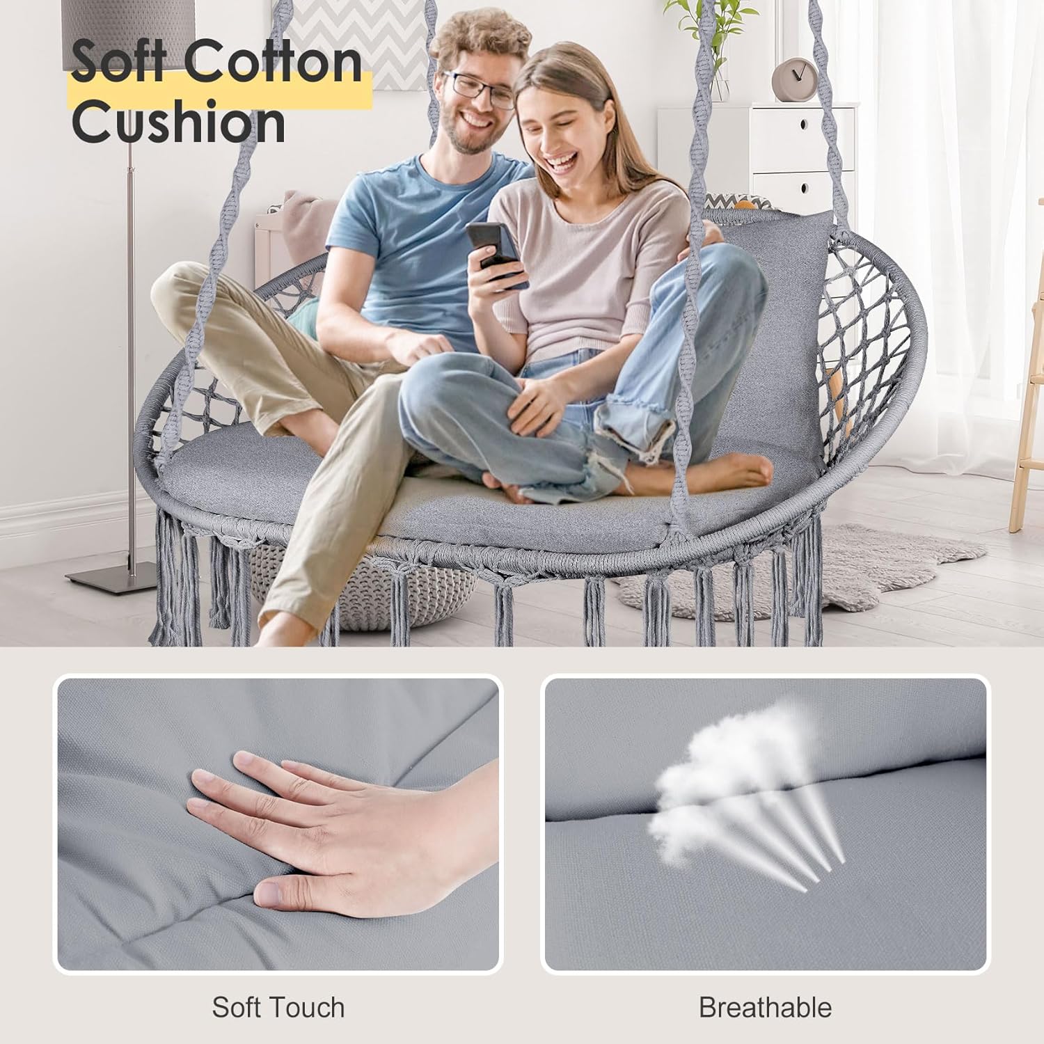 Silla oscilante doble, silla colgante grande de macramé con 3 cojines y accesorios de montaje, silla oscilante tejida a mano para dormitorio, patio,