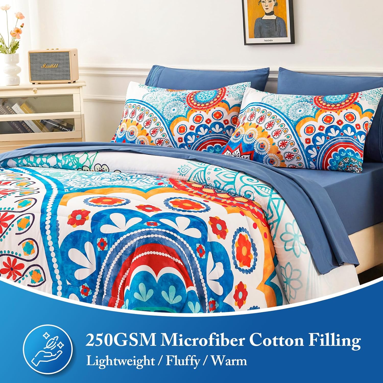 YIYEA Juego de edredón tamaño King  Estampado floral  7 piezas de cama en una bolsa  Juegos de ropa de cama para todas las estaciones con edredón,